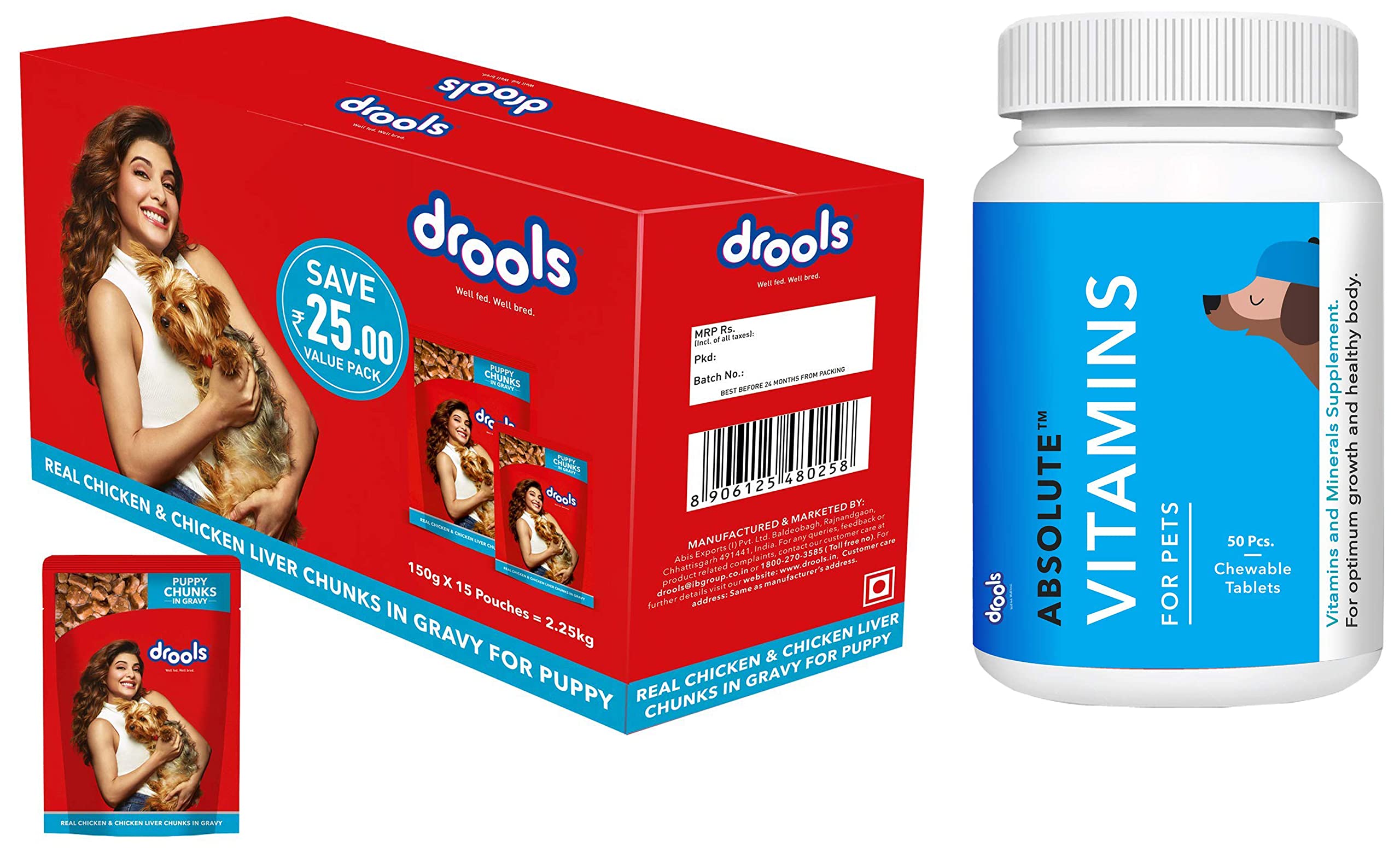 Drools Puppy Wet Dog Food, Real Chicken and Chicken Liver Chunks in Gravy, 15 Pouches (15 x 150g) & Absolute Vitamin Tablet- Dog Supplement, 50 Pieces (B09VGD23B4) Amazon Price History, Amazon Price Tracker