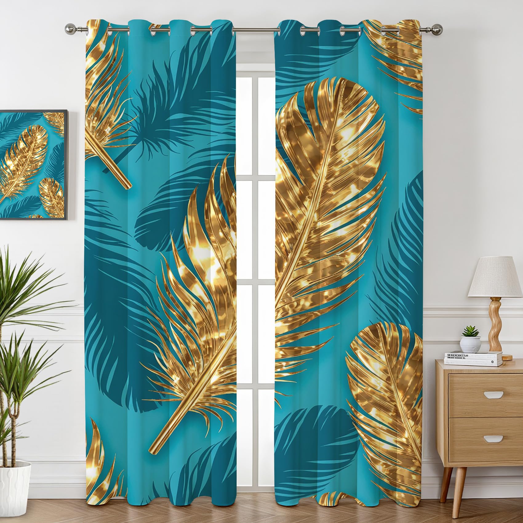 Havenix Teal Blue Gold Feather Blackout Curtains for Bedroom Living Room, Eyelet Curtains 90x108, Thermal Insulated Drapes for Windows, Turquoise Luxury Metallic Patterned Window Treatments, 2 Panels