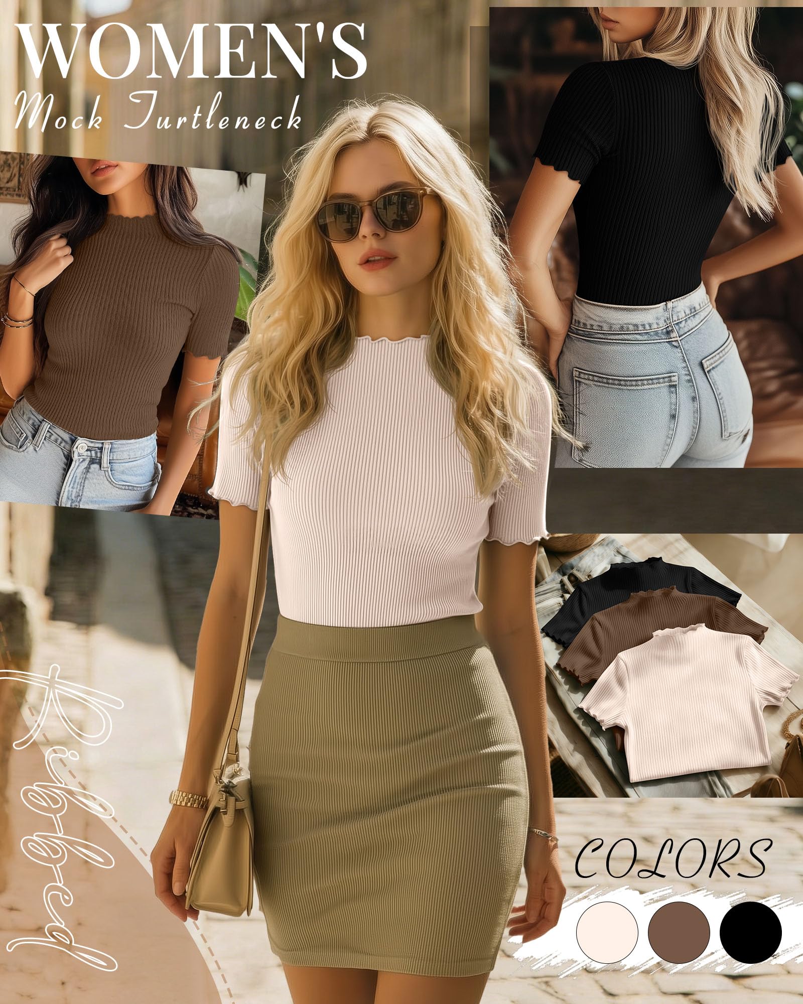 Geyoga 3 Tops Mujer Cuello Perkins | Camiseta De Algodón De Manga Corta, Tejido Acanalado Y Borde Ondulado. Ajuste Ceñido Y Tejido Elástico.