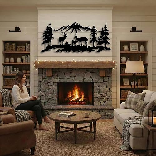 Miniatura 5 de DEKADRON Arte de pared de metal, arte de pared familiar de ciervos, decoración de árbol de metal, decoración de pared, decoración de interiores,