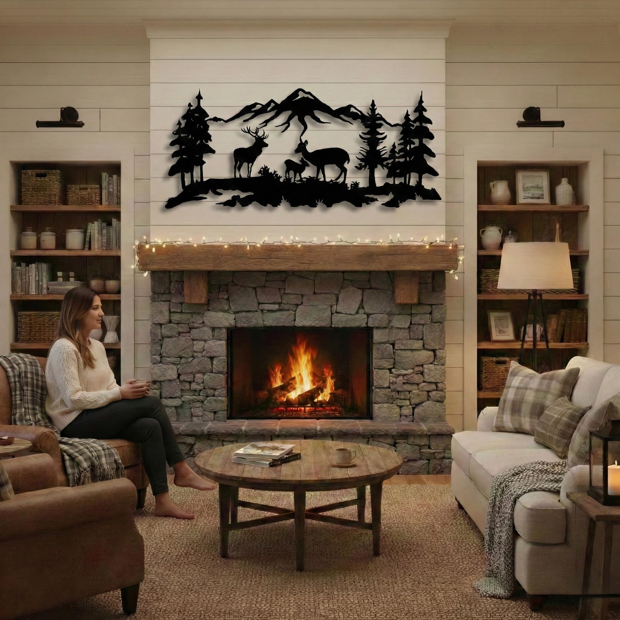 DEKADRON Arte da parete in metallo, decorazione da parete per la famiglia dei cervi, decorazione per alberi in metallo, (60 x 26 cm)