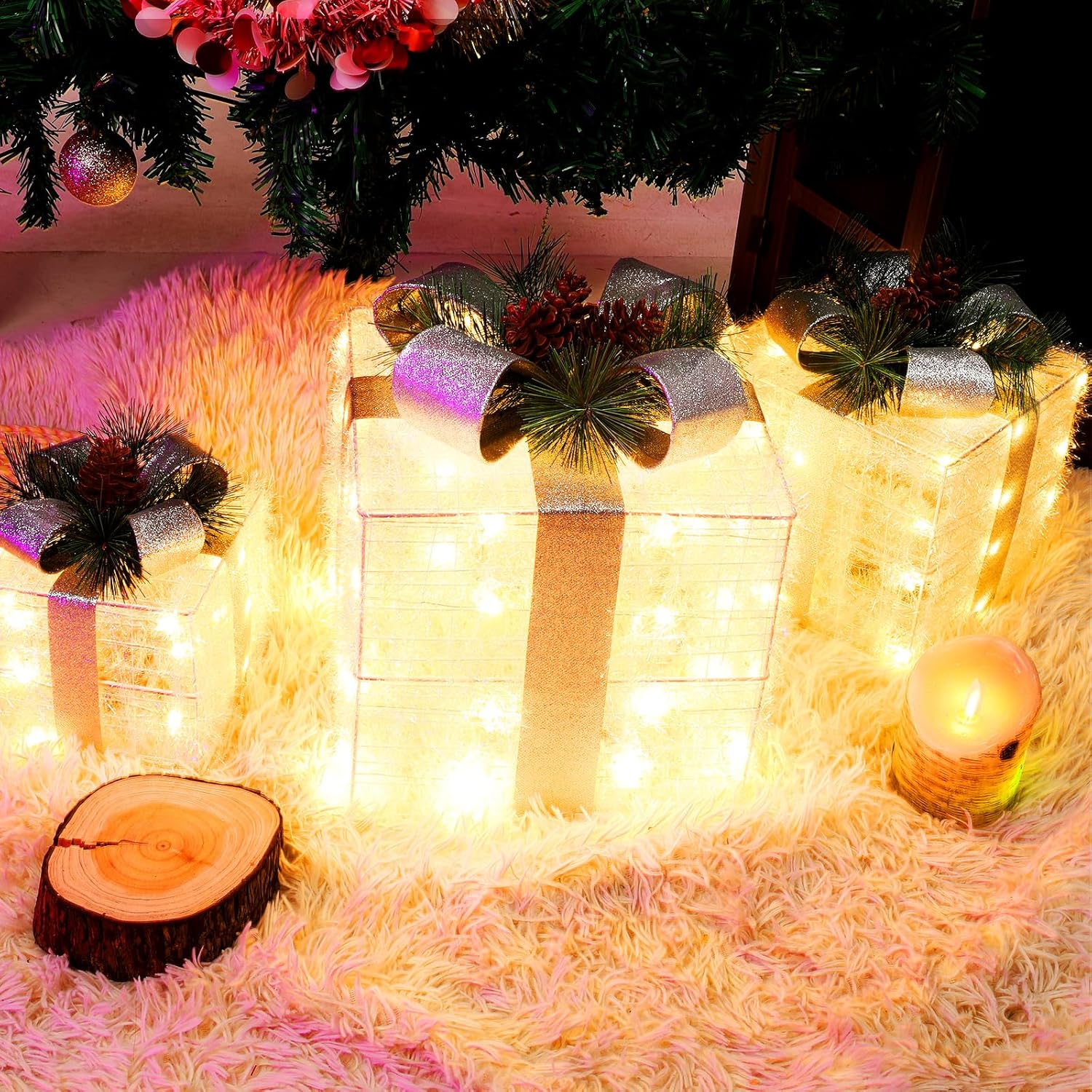 3PCS Christmas Lighted Gift Boxes LED White Fake Presents Christmas Decoration Xmas Decor for Outdoor Indoor Yard Party Holiday Home