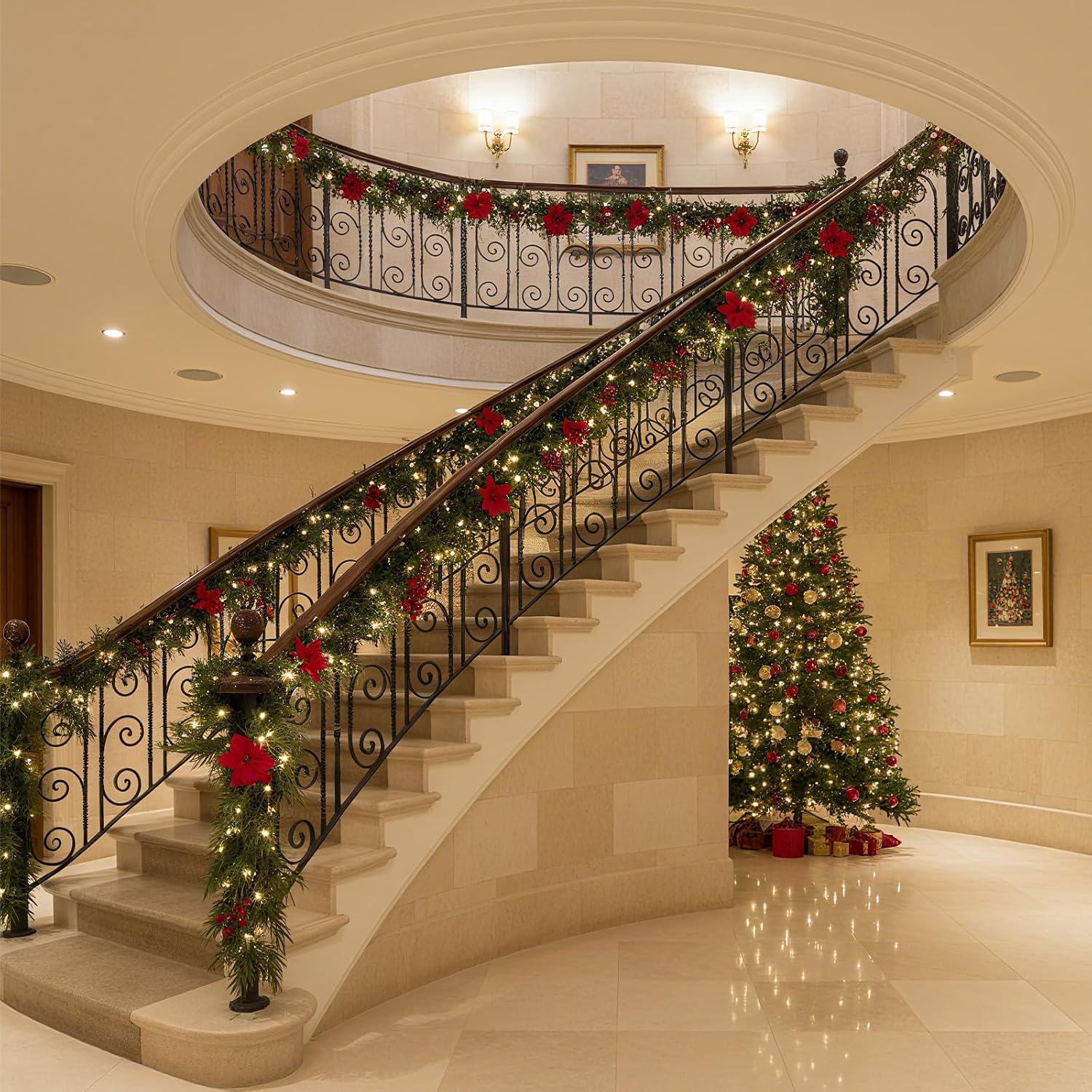 Crowye 2 Pcs 6.5 Ft Christmas Poinsettia Garland with Lights, 20 LED Artificial Pine Garlands Lighted Xmas Garland with Berries Pine Cones for Home Mantle Fireplace Stairs Decorations (Red)