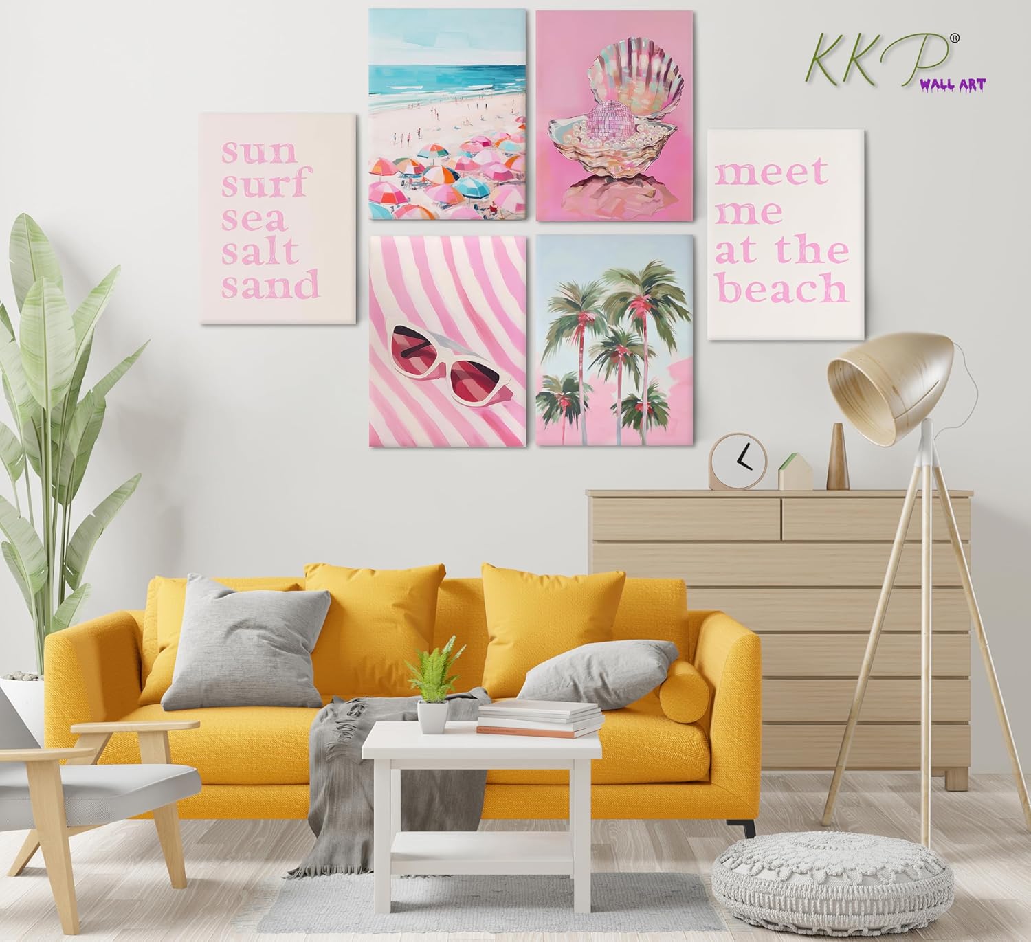 KKP Pink Coastal Canvas Wall Art Beach Preppy Room Decor Colorful Beach Umbrella Palm Tree Picture Wall Decor Disco Shell Beachy Quotes Poster Print Artwork for Teen Girls Dorm Wrapped Canvas 12x16in
