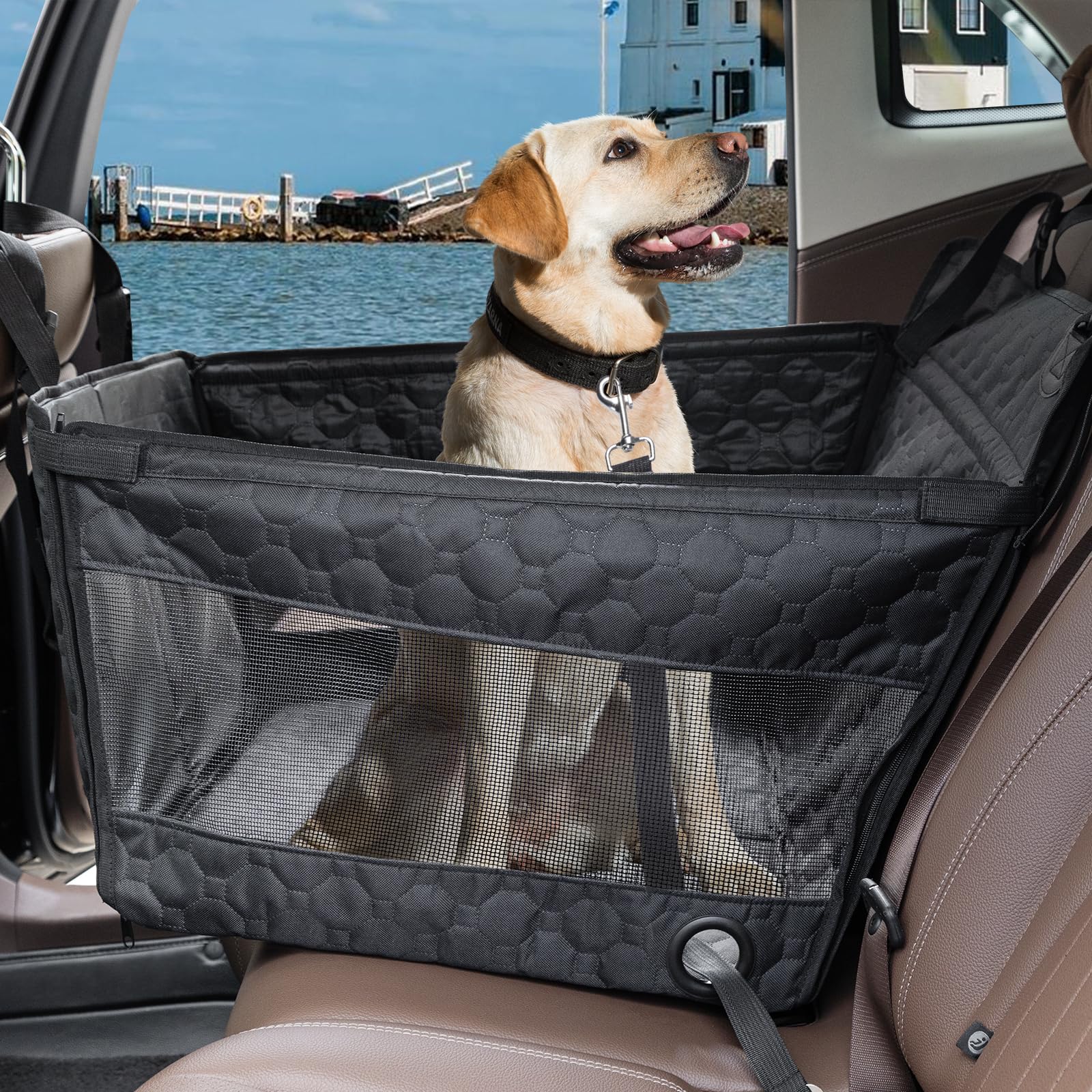Hundeautositz für große mittelgroße Hunde, Hundeautositzbezug für Rücksitz, Faltbarer Haustierautositz mit Hundesicherheitsgurt, wasserdichter Stoff & atmungsaktives Netzgewebe, Rücksitzbezug für