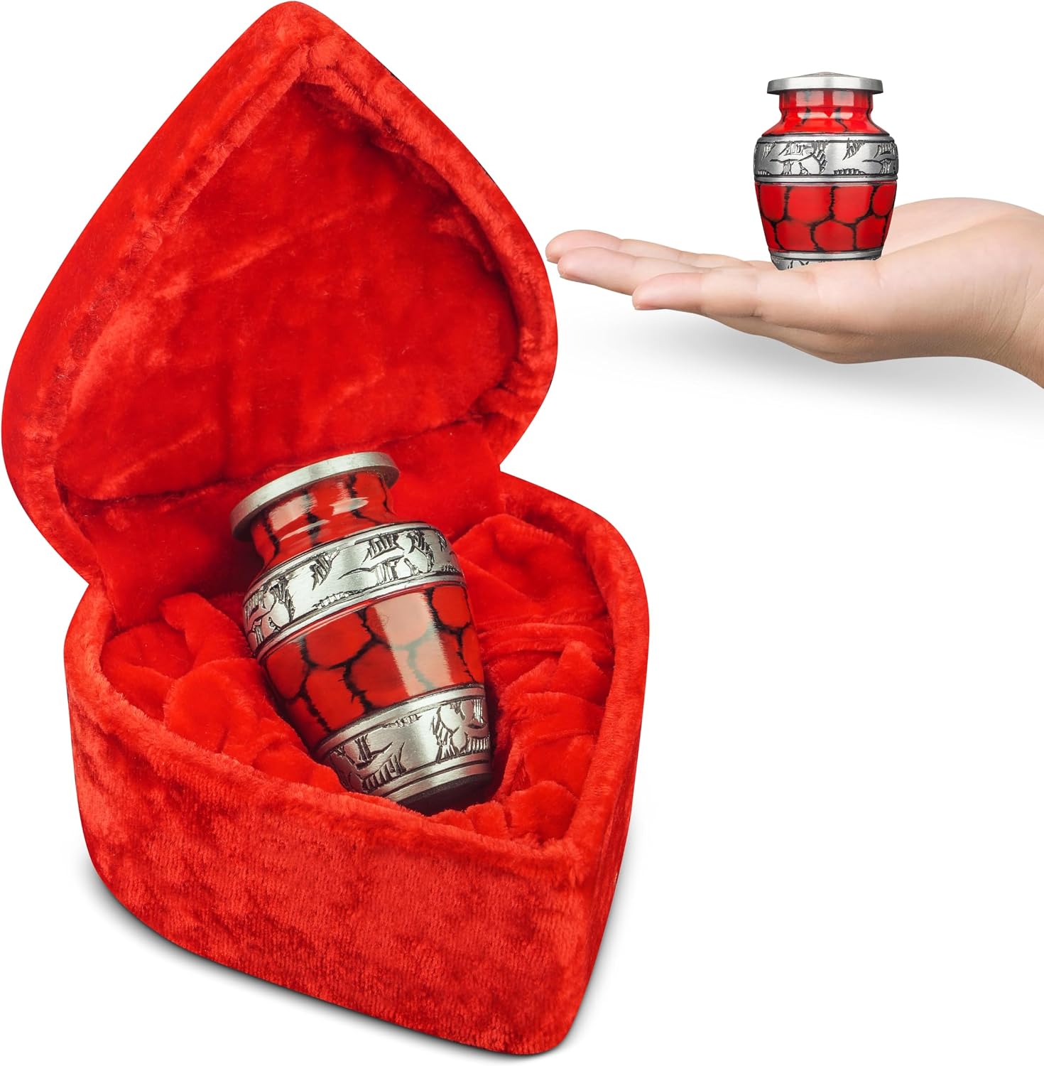 Small Keepsake Cremation Urn for Human Ashes Men Women with Velvet Heart Case, Bag & Funnel – Red Mini Family Sharing Funeral Tiny Urn Male Female or Pet - Memorial Decorative Urn for Mom Dad
