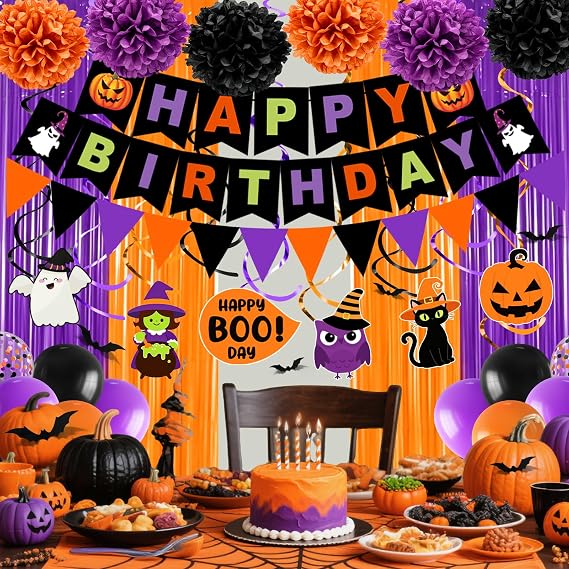 Halloween Birthday Party Decorations, 73PCs Halloween Birthday Decorations Set Including HAPPY BIRTHDAY Banner Bat Stickers Hanging Garland Swirl Streamers Purple Orange Black Balloons Honeycomb Ball