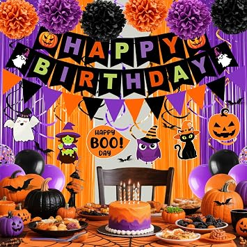 Halloween Birthday Party Decorations, 73PCs Halloween Birthday Decorations Set Including HAPPY BIRTHDAY Banner Bat Stickers Hanging Garland Swirl Streamers Purple Orange Black Balloons Honeycomb Ball