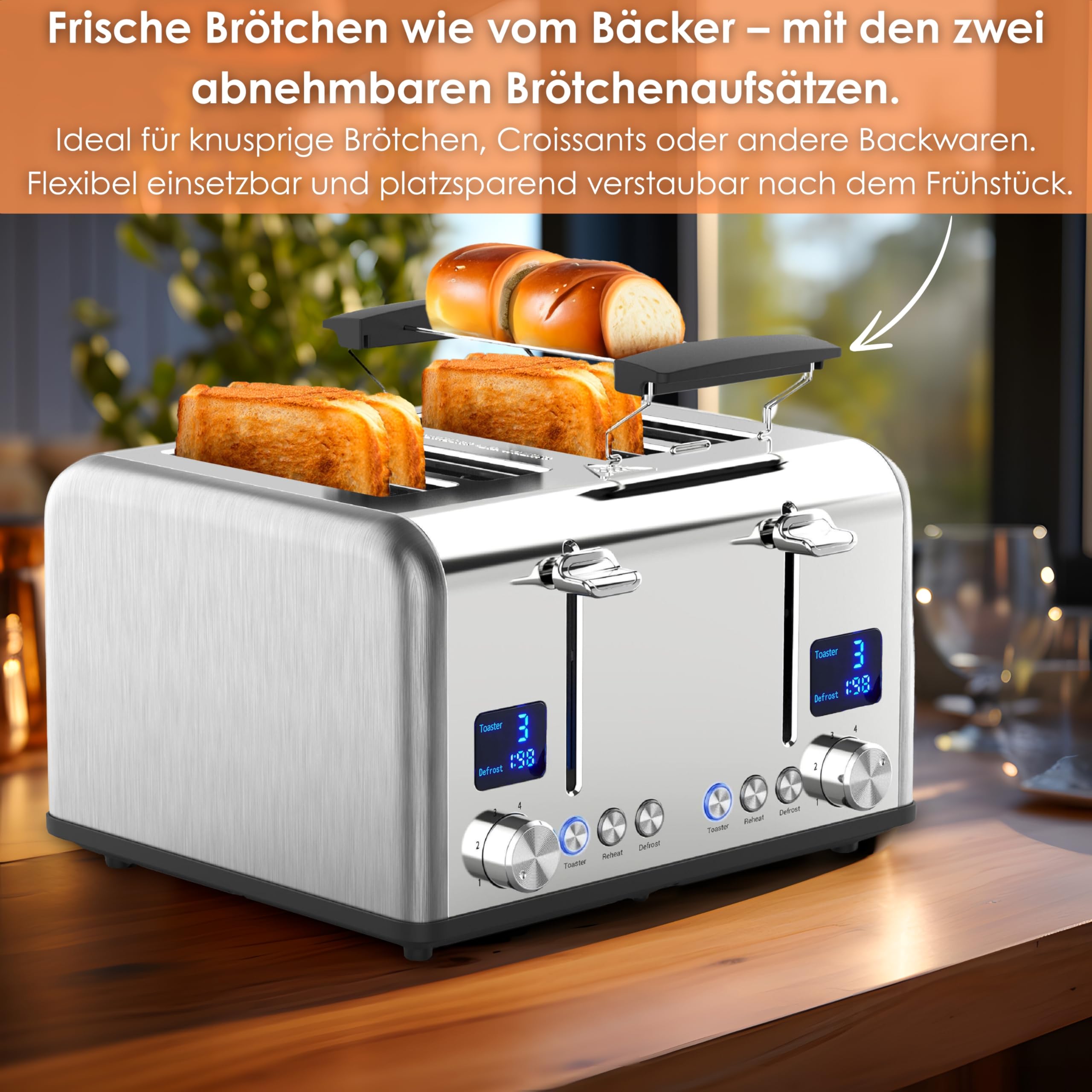 Steinborg Toaster Langschlitz | Digitales Display mit Countdown | Beleuchtete Tasten | 4 Scheiben Toastautomat | XXL Toaster | 1630 Watt | Brötchenaufsatz | Auftau-Funktion | Krümmelschublade |