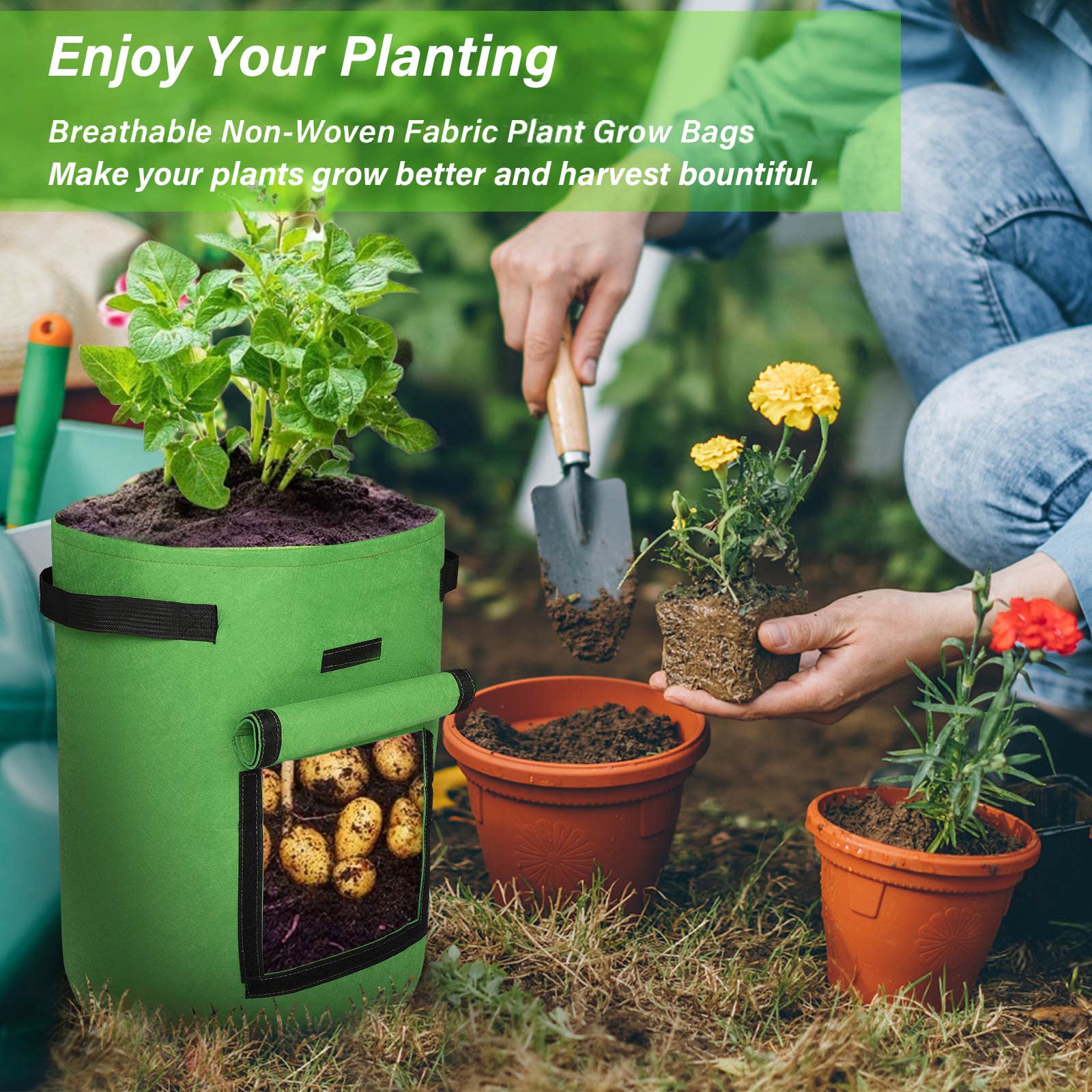 Bolsas de cultivo de patatas, contenedores de plantación de 10 galones con solapa y asas, paquete de 3, ideales para tomates y verduras
