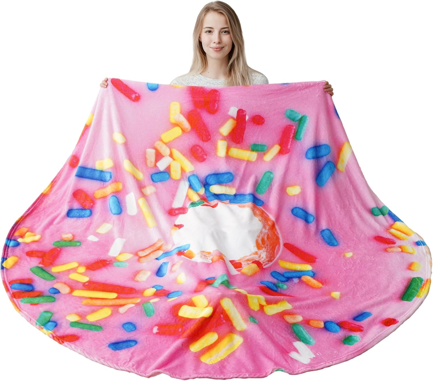 BATTILO HOME Realistic Food Novelty Blanket, Soft and Cozy Fleece, Perfectly Round Tortilla Throws Blanket (Pink Donut, 59 inches)