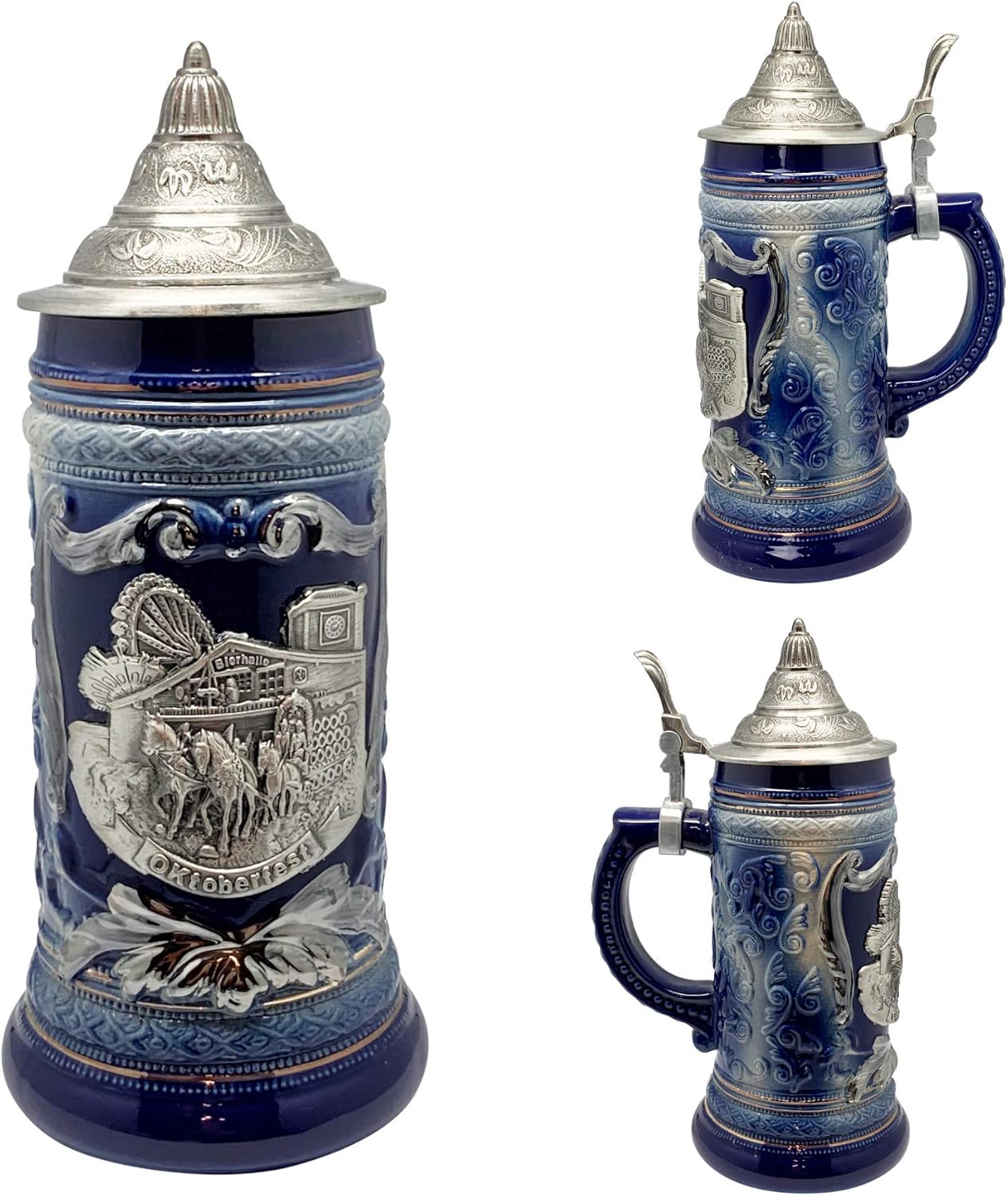 1 Liter | OktoberfestHaus Oktoberfest Stein Bier Krug Cobalt Blue Ceramic Stein With Metal Medallion Of German Draft Horses and Wagon With Lid Oktoberfest Souvenir and Oktoberfest Beer Mug