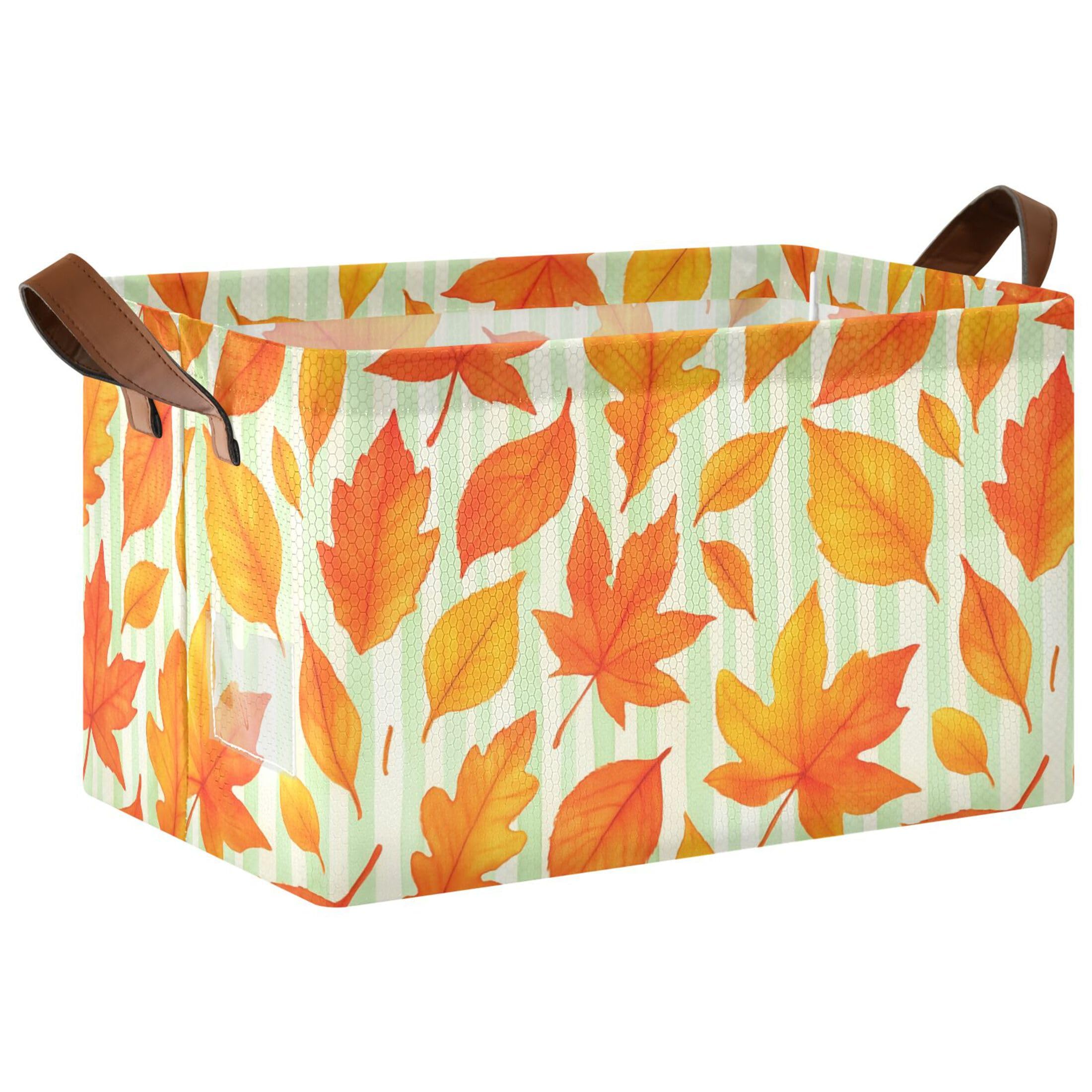 Kutsu Leaves Foldable Storage Basket Collapsible Bin With Handles For Shelves