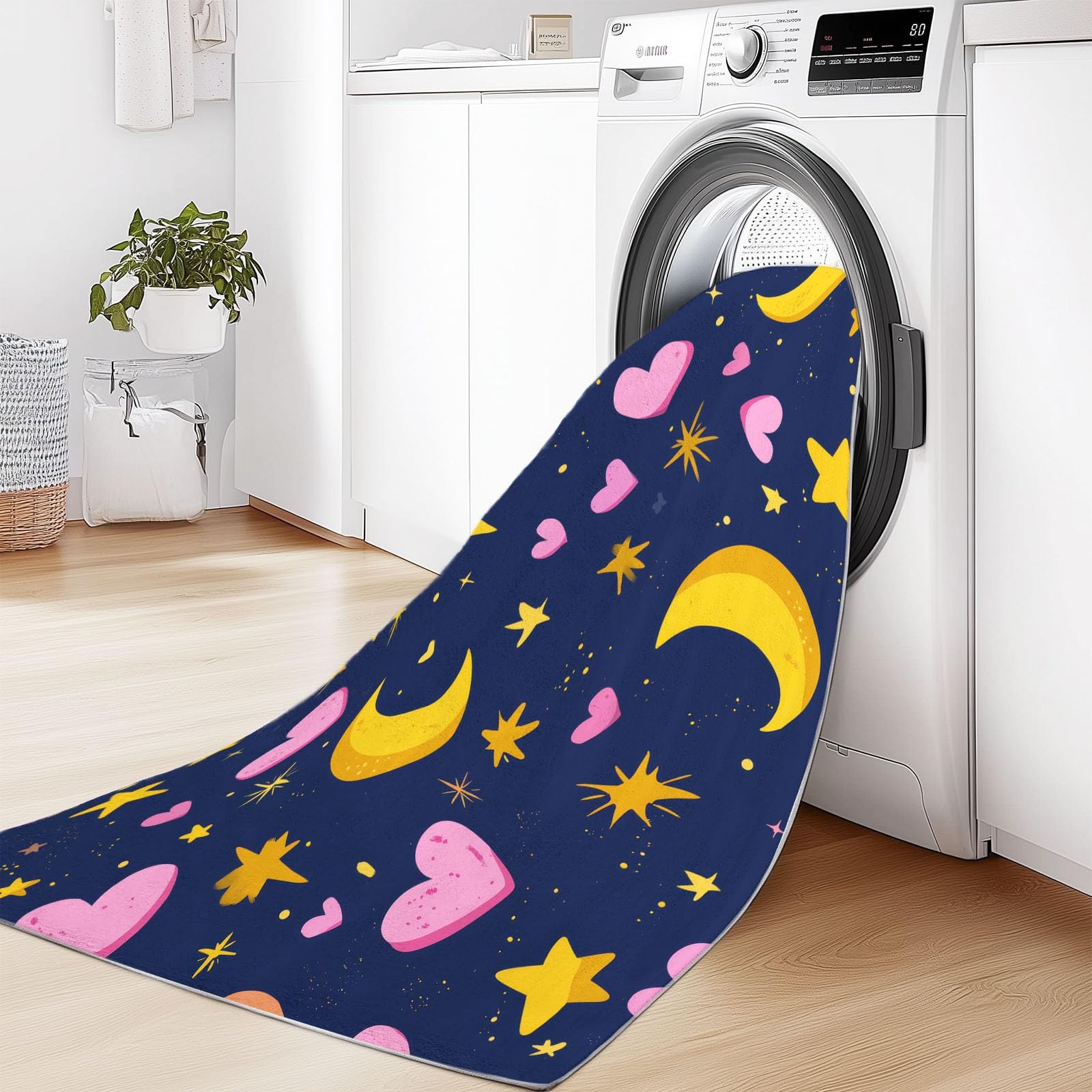 Generisch Teppich Waschbar 80 x 150 cm,Sterne Mond Herz Teppich, Kinderzimmer Gemälde rutschfest Zusammenklappbar Teppiche Gegend für Schlafzimmer Küche, Sternenhimmel