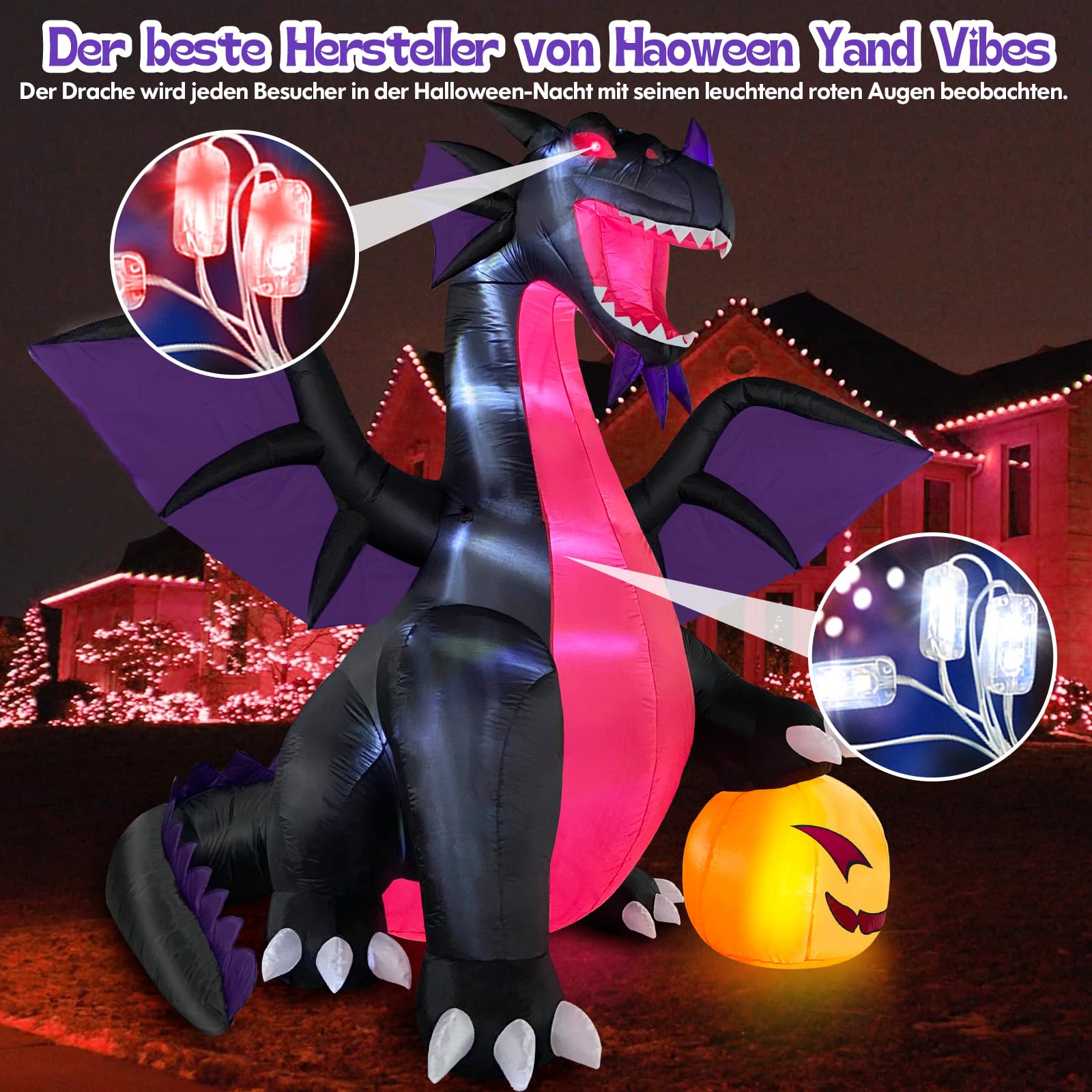 Danxilu 2,7m XXL Halloween Aufblasbar Drache auf Kürbis Outdoor Deko | Aufblasbare Figuren Dekoration mit LED-Beleuchtung für Garten Draußen Rasen Party Vorgarten