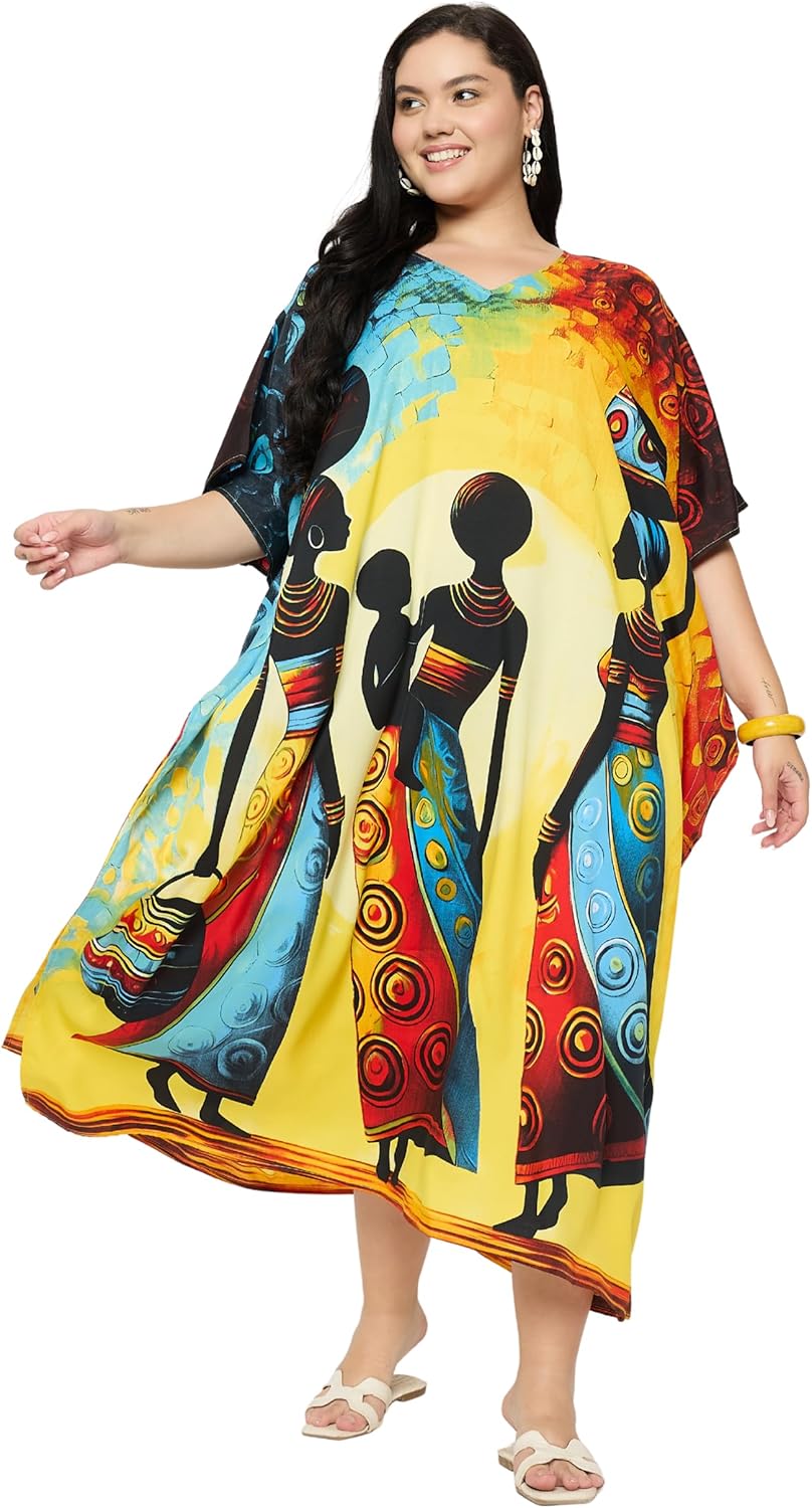 Gypsie Blu Women’s Plus Size Printed Caftan Maxi Dress Beach Cover Up, V-Neck Kimono Sleeve Summer Dress