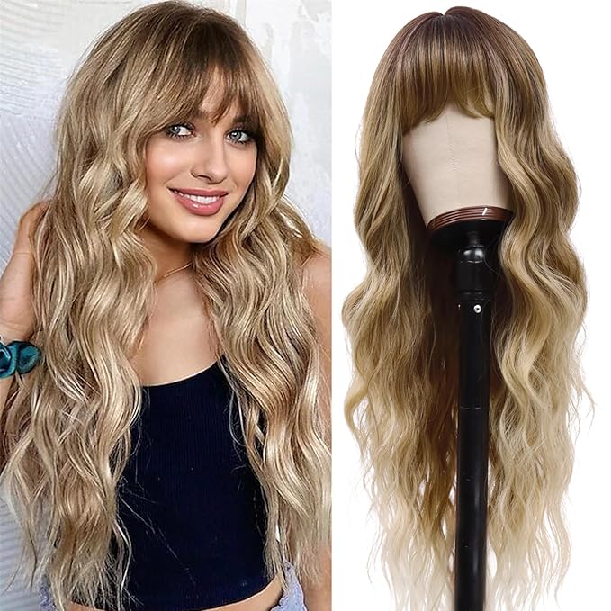 Blonde Wig with Bangs Long Curly Wigs for Women 26 Inch Dirty Blonde Curly Wavy Wigs with Dark Roots Synthetic Heat Resistant Curly Wig for Daily Party Use