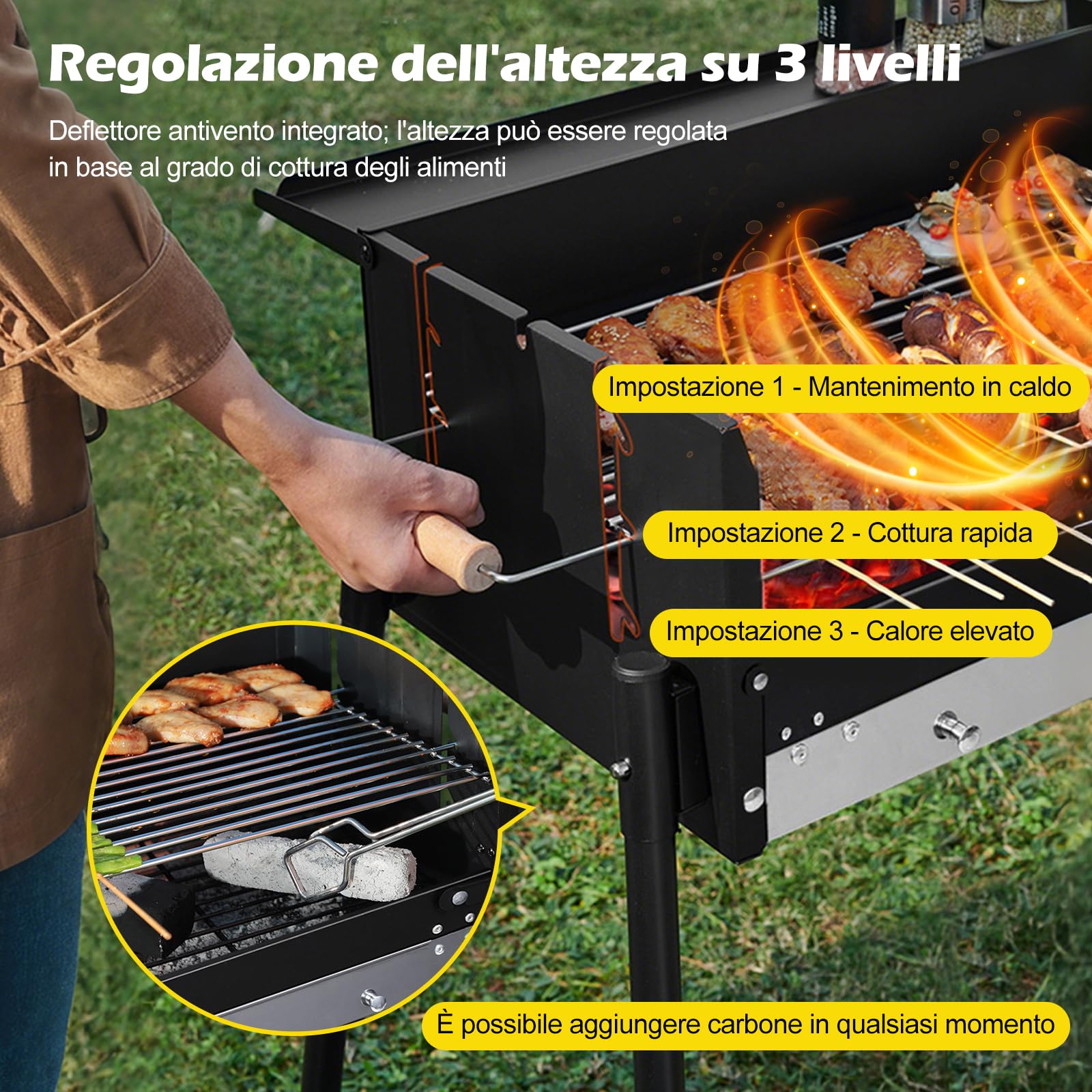 Ergocar Barbecue a Carbonella Pieghevole Che Struttura In Acciaio Inossidabile Rinforzato Della Temperatura a Tre Livelli e Vassoio Per Condimenti Integrato Ideale Per Gruppi Di Cinque o Più Persone