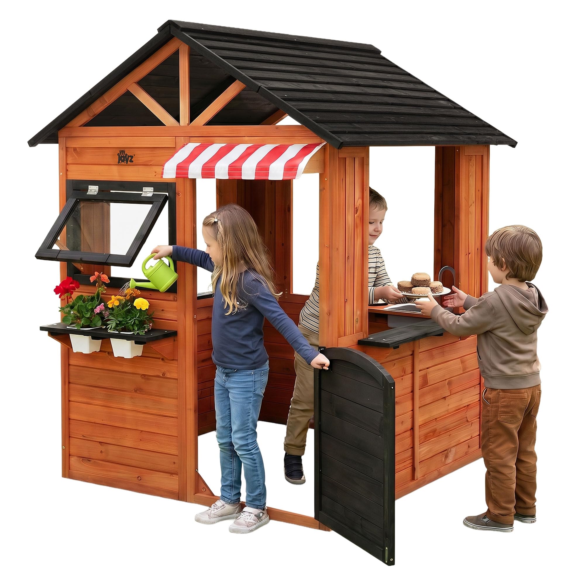 Joyz Kinderspielhaus aus Tannenholz massiv, Spielhaus mit Spiel- und Matschküche, Outdoor mit Tür, 4 Fenstern, wetterfest, für Kinder ab 3 Jahren