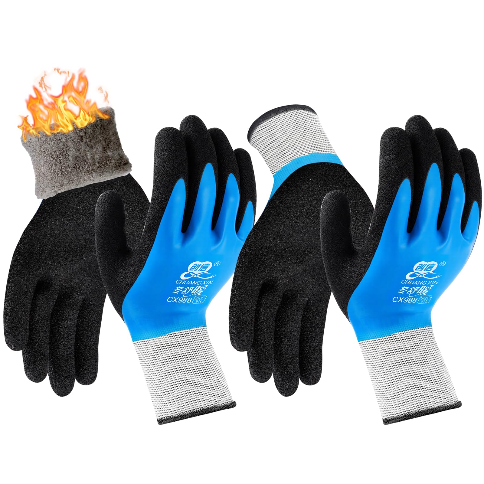 flintronic Winter Work Gloves, Thermal Fleece Liner, 2 Pairs Ultra-Grip Work Gloves Non-Slip Latex Coated Versatile for Cold Weather Gardening, Car Washing, Fishing, Cleaning, Outdoor Tasks, Blue, L
