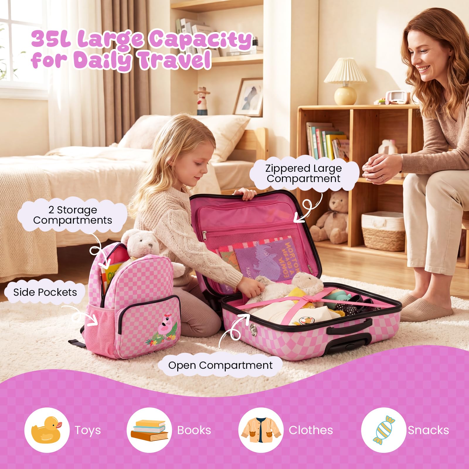 LIFEZEAL 18" Valigia Cabina Bambino con ruote con 12" Zaino Valigia da Inforcamento per Bambini con Corda per Tirare, Valigia da Viaggio Portatile con Motivi Animali Carini per Viaggio (Rosa Chiaro)