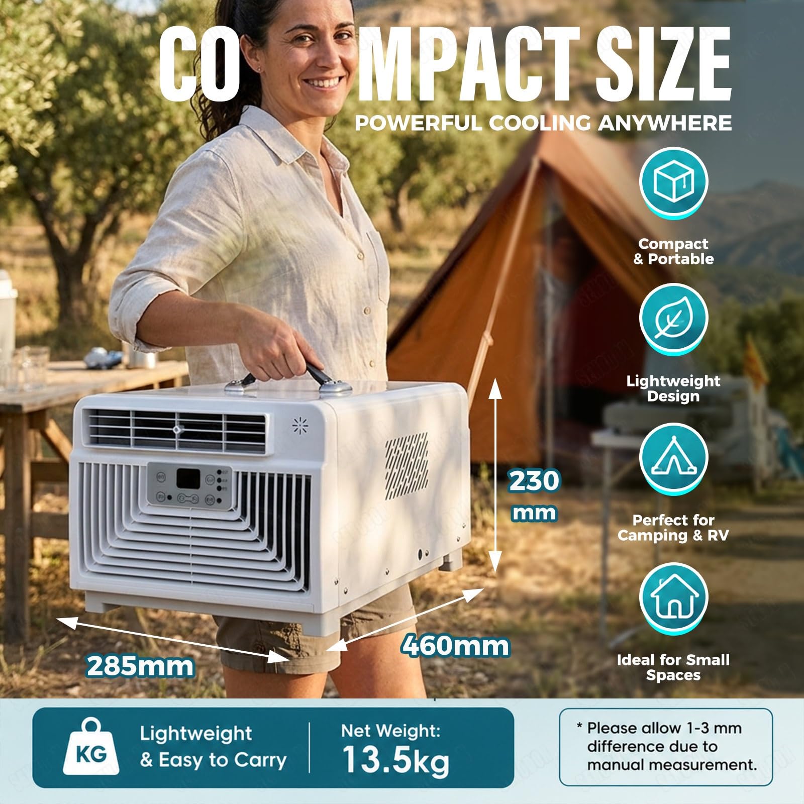 Klimatyzator Przenośny Bez Rury 3400 BTU | 4-w-1 Cichy Mały Klimatyzator Campingowy | 300W Niski Pobór Prądu, Klimatyzator do Namiotu, vana