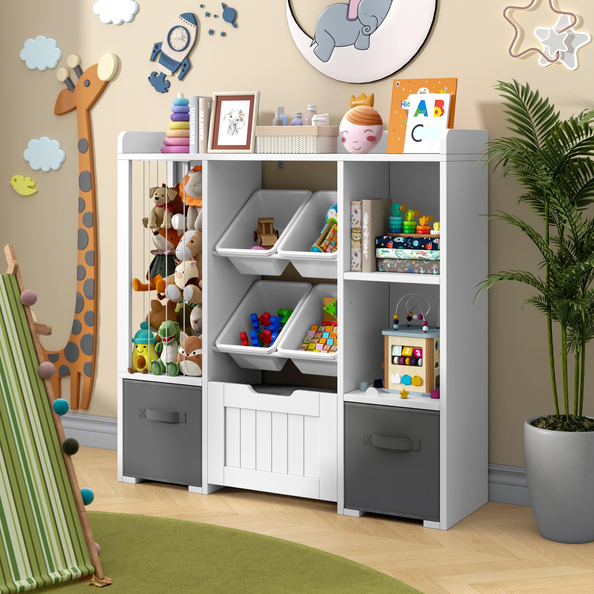 Jehiatek Kinderregal mit Stauraum-Sitzbank, Holz Spielzeugregal mit Kuscheltierfach, 2 Regalböden, 2 Stoffschubladen und 4 Aufbewahrungsboxen, Bücherregal für Kinderzimmer, Spielzimmer & Schlafzimmer