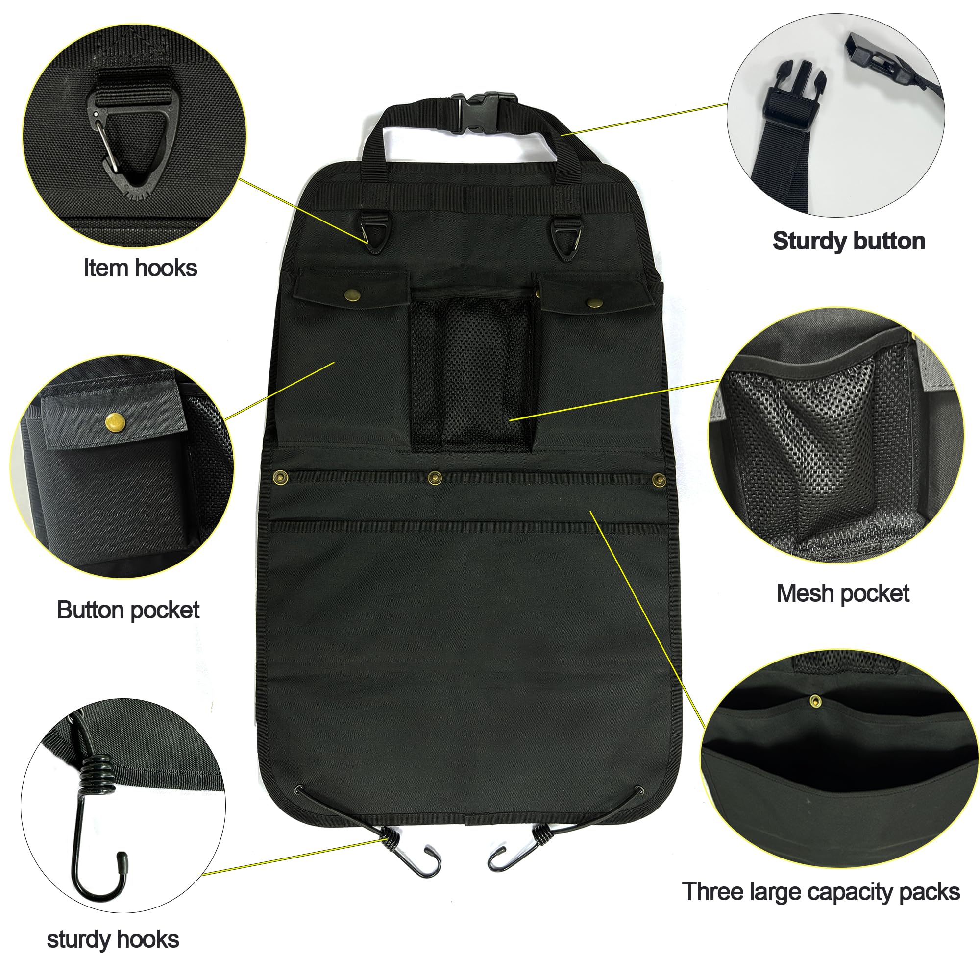 Schwarzer Autositz-Organizer mit mehreren Taschen und Haken