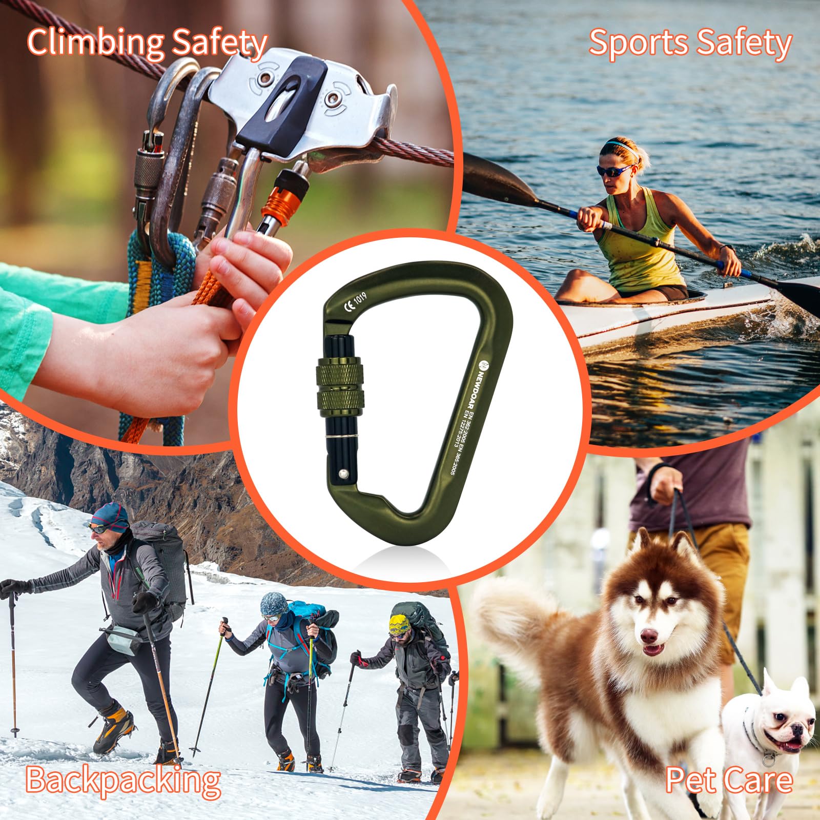 NewDoar 30KN CE-zertifizierter Kletter Karabiner Professioneller Hochbelastbarer D-Schraub Karabiner mit Verriegelungsclip für Felsklettern, Abseilen, Rettung, Bergsteigen und Abseilen