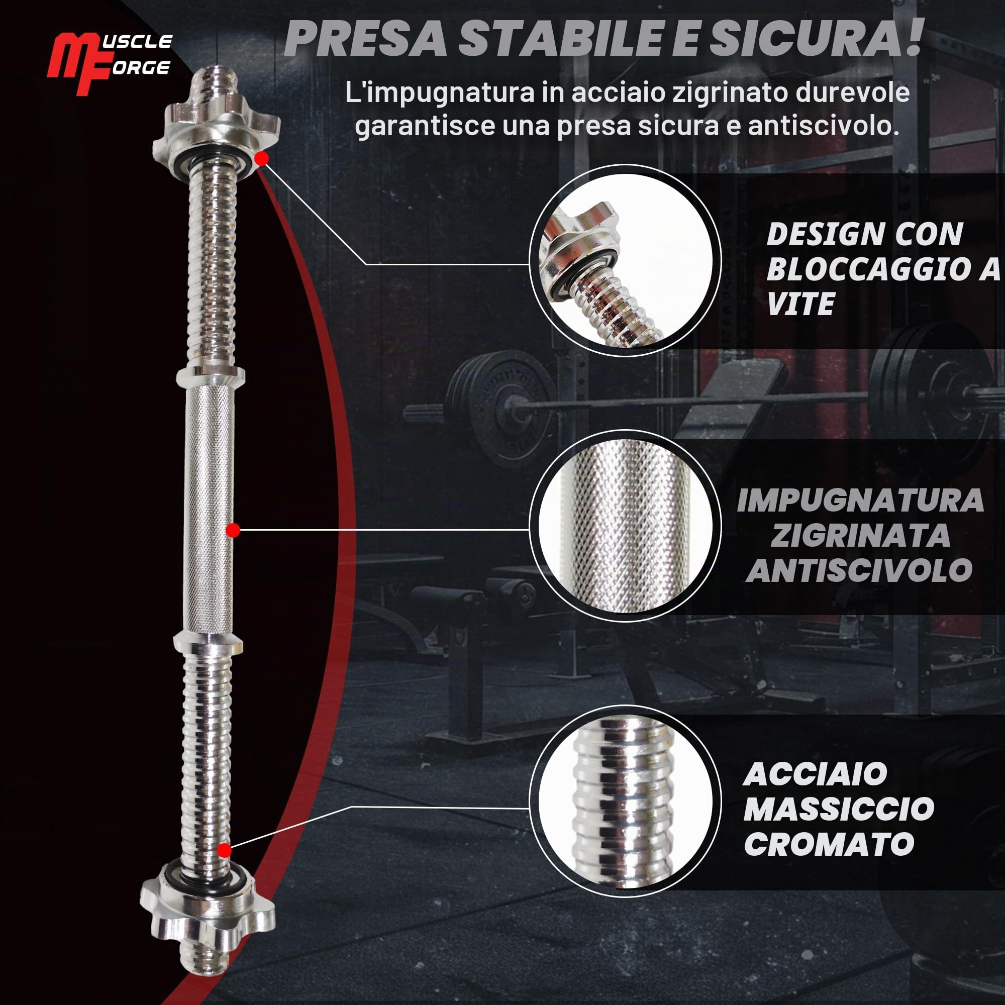 Manubri Palestra 45cm Acciaio Cromato – Extra Lungo, Filettata, 2 Collari Inclusi Compatibile Piastre Foro 25-28 mm – Grip Zigrinato Antiscivolo, Carico Esteso, Uso Domestico