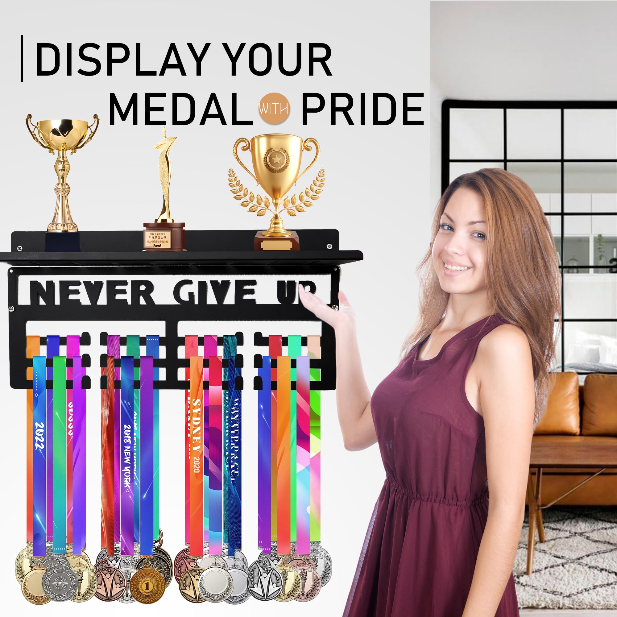 Defined Deco Medal Hanger Display and Trophy Shelf with Hooks, Metal Ribbon Display Holder, Never Give Up Award Rack for Gymnastics, Soccer, Running Race Medals