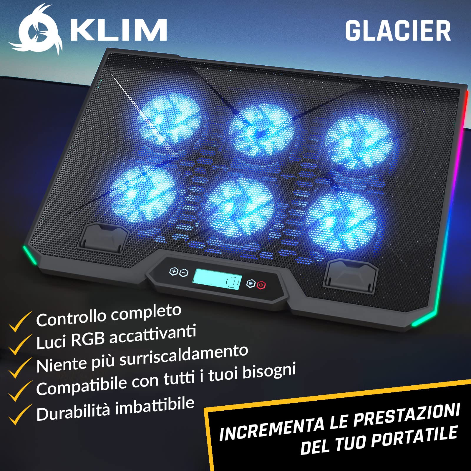 KLIM Glacier - Base di raffreddamento PC portatile con 6 ventole e luci RGB - 11" - 17" - Per Laptop da Gaming - Stabile e silenziosa - Alimentata USB - Ideale per PC, Mac, PS4 - NUOVA