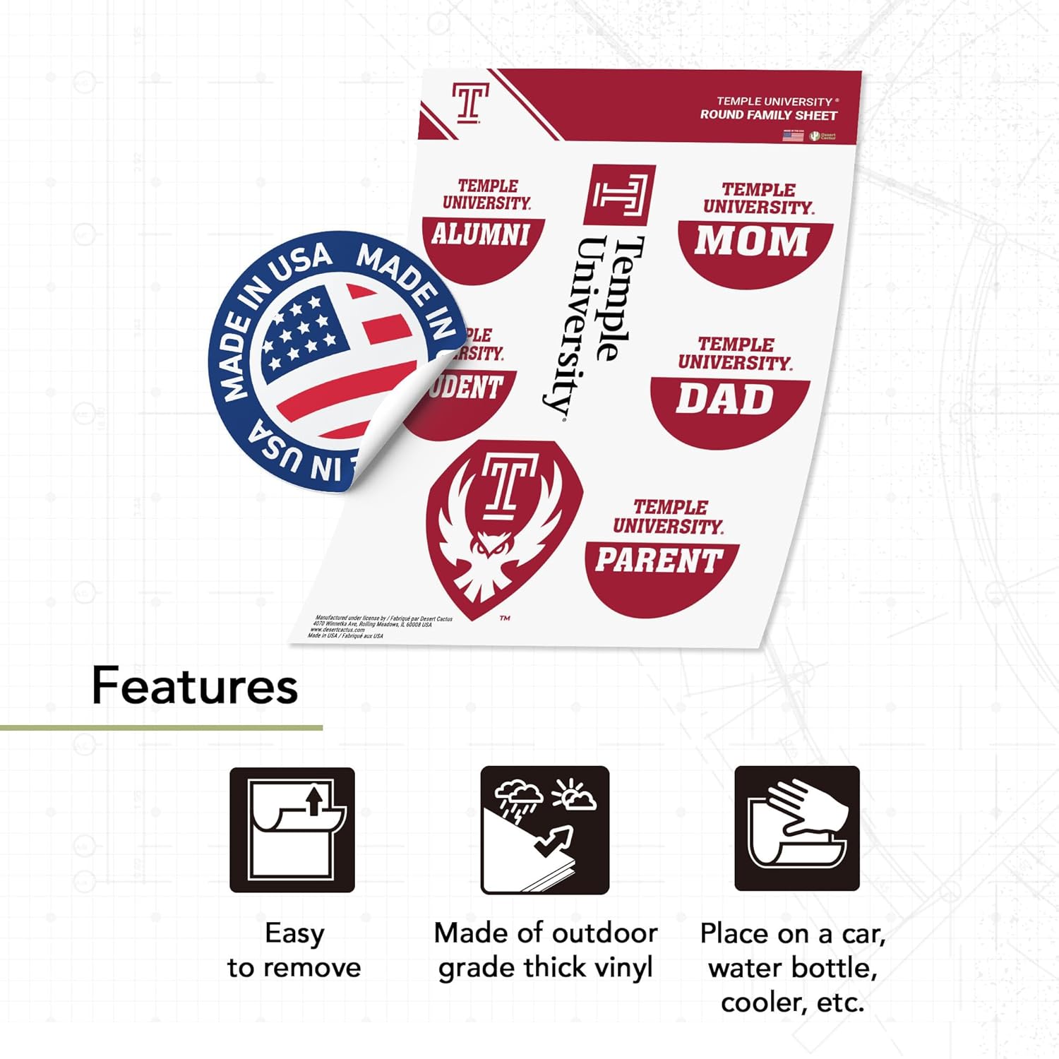 Desert Cactus Temple University Sticker TU Owls Vinyl Decals Laptop Water Bottle Car Scrapbook (Round Family) - Image 2