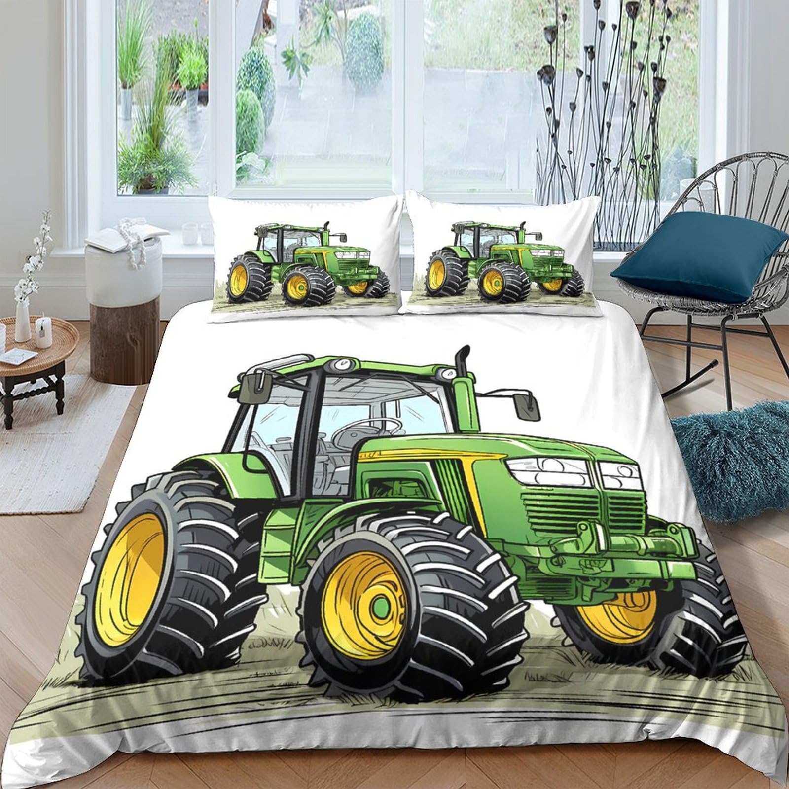 Ctjqhvkz Style-10 3D Printed Green Tractor Fitted Sheet Microfiber Non Slip Farm Machinery Bed Cover For Bedroom Guest Room Decor Single（135X200cm）