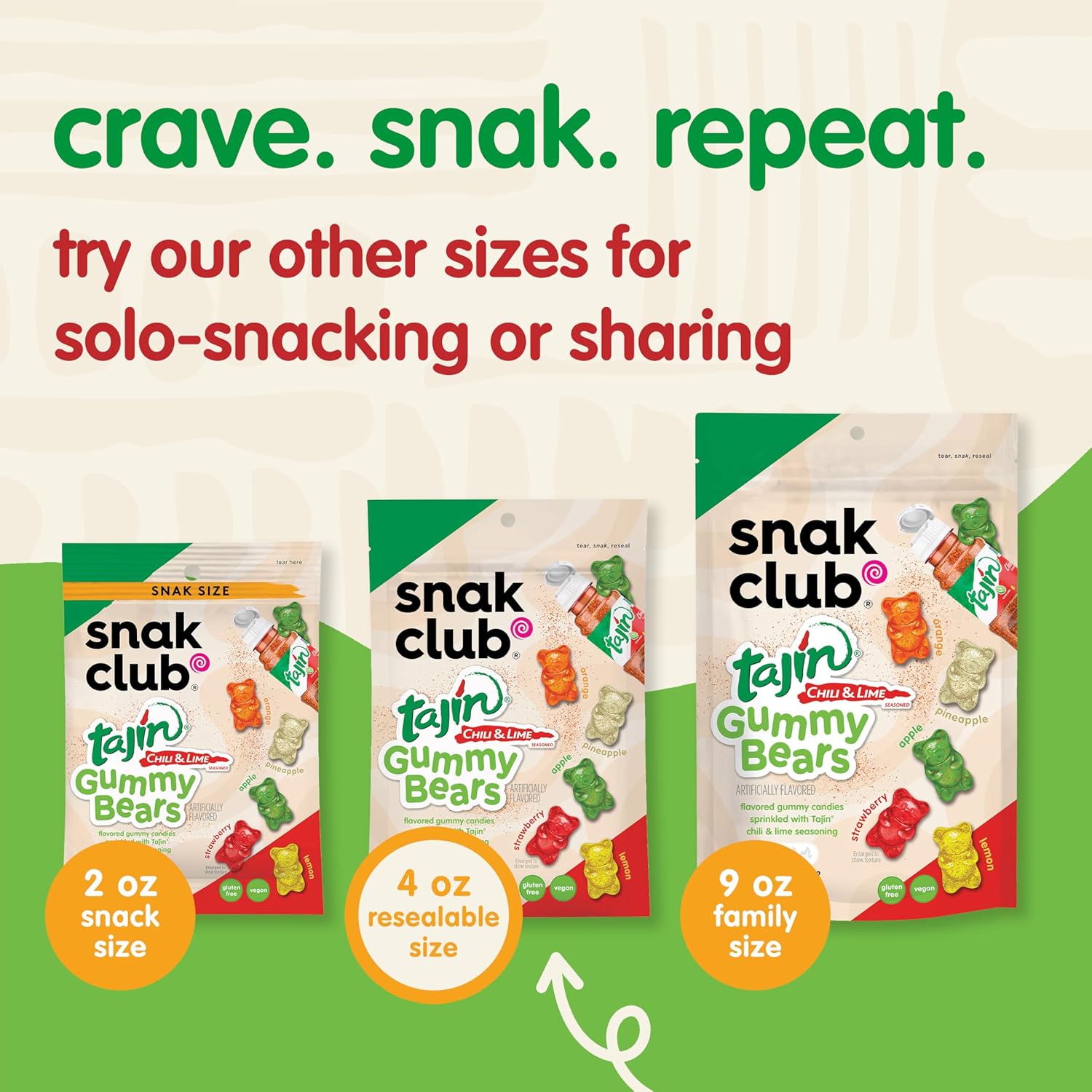 Snak Club Tajin Gummy Bears, Assorted Fruit Candy Gummies with Chili and Lime Seasoning, Mild, Gluten-Free and Vegan Snacks, 4 oz Resealable Bags, 6 Pack