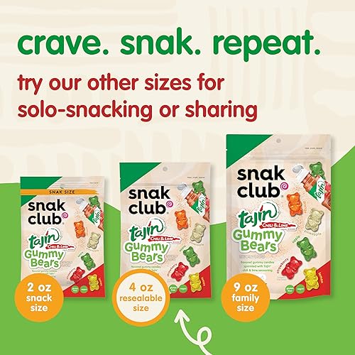 Miniatura 7 de Snak Club Tajin Osos Gomos de Gummy Bears, Gomitas de Fruta Surtidas con Condimento de Chile y Lima, Snacks Suaves, Sin Gluten y Veganos, Bolsas