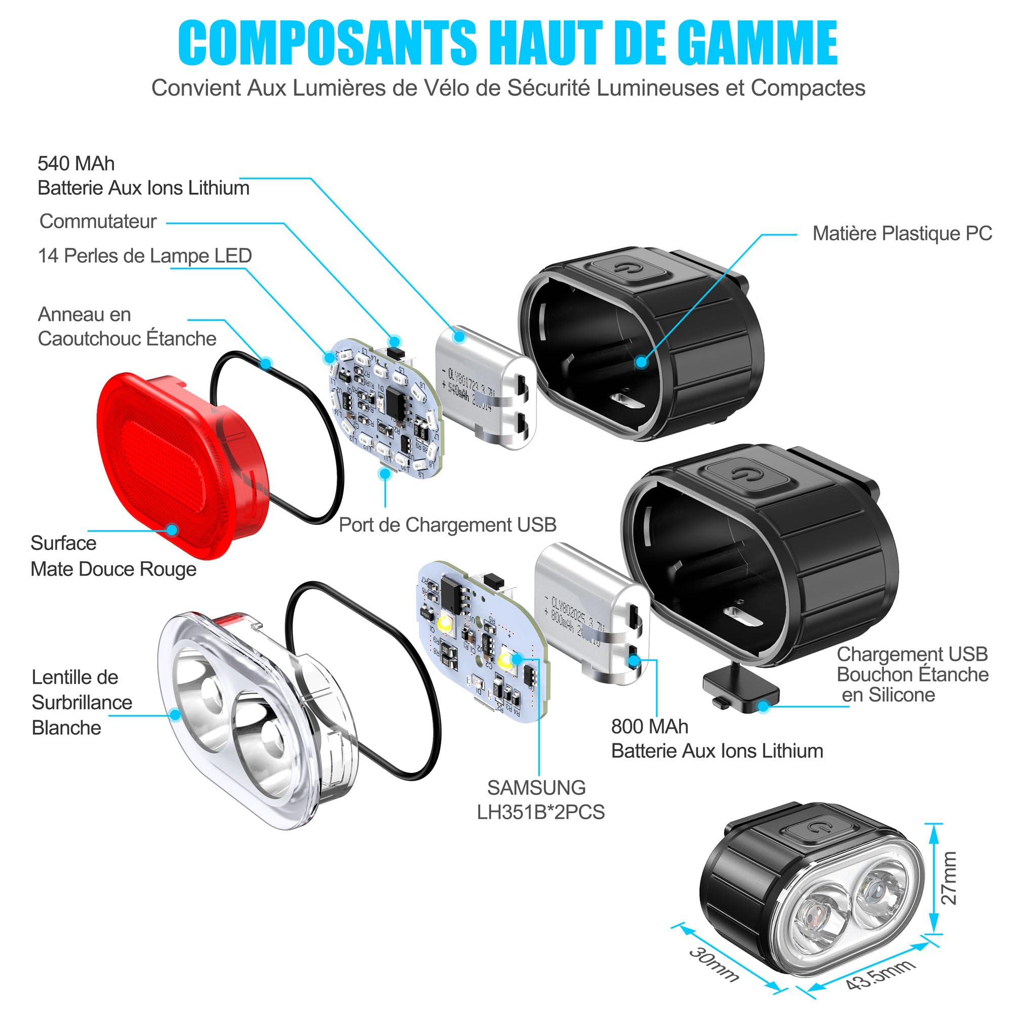 Lumiere Velo à LED Feux Avant Arrière Rechargeables USB IPX5 Phares Double Talon