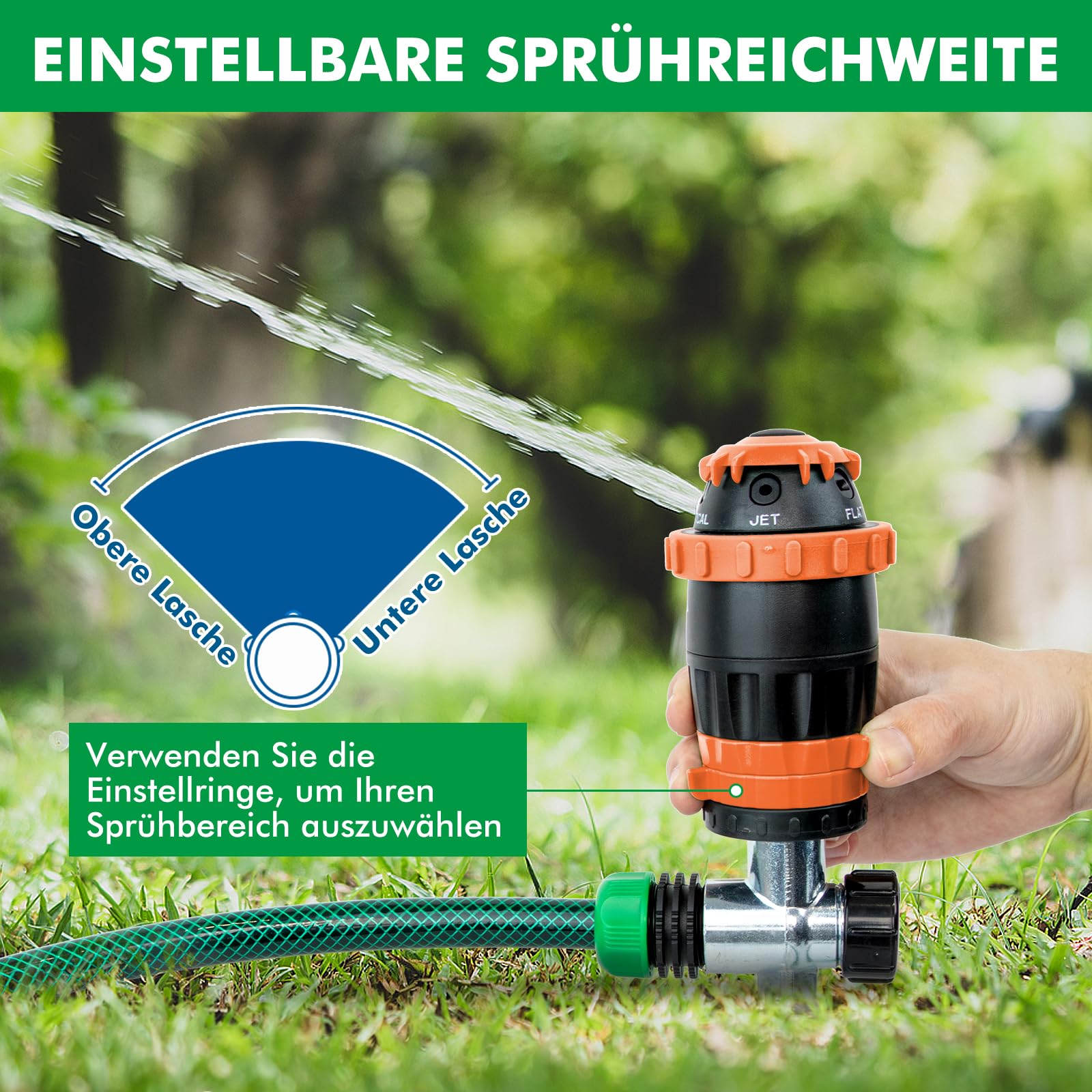 RESTMO Getriebe-Sprinkler mit Metallspike-Basis – Rasensprenger für große Flächen, 5 Muster, Bewässerungssystem für Rasen & Beete, Gartensprinkler, Reichweite 15 m, 180 m² Abdeckung, Grün, Orange