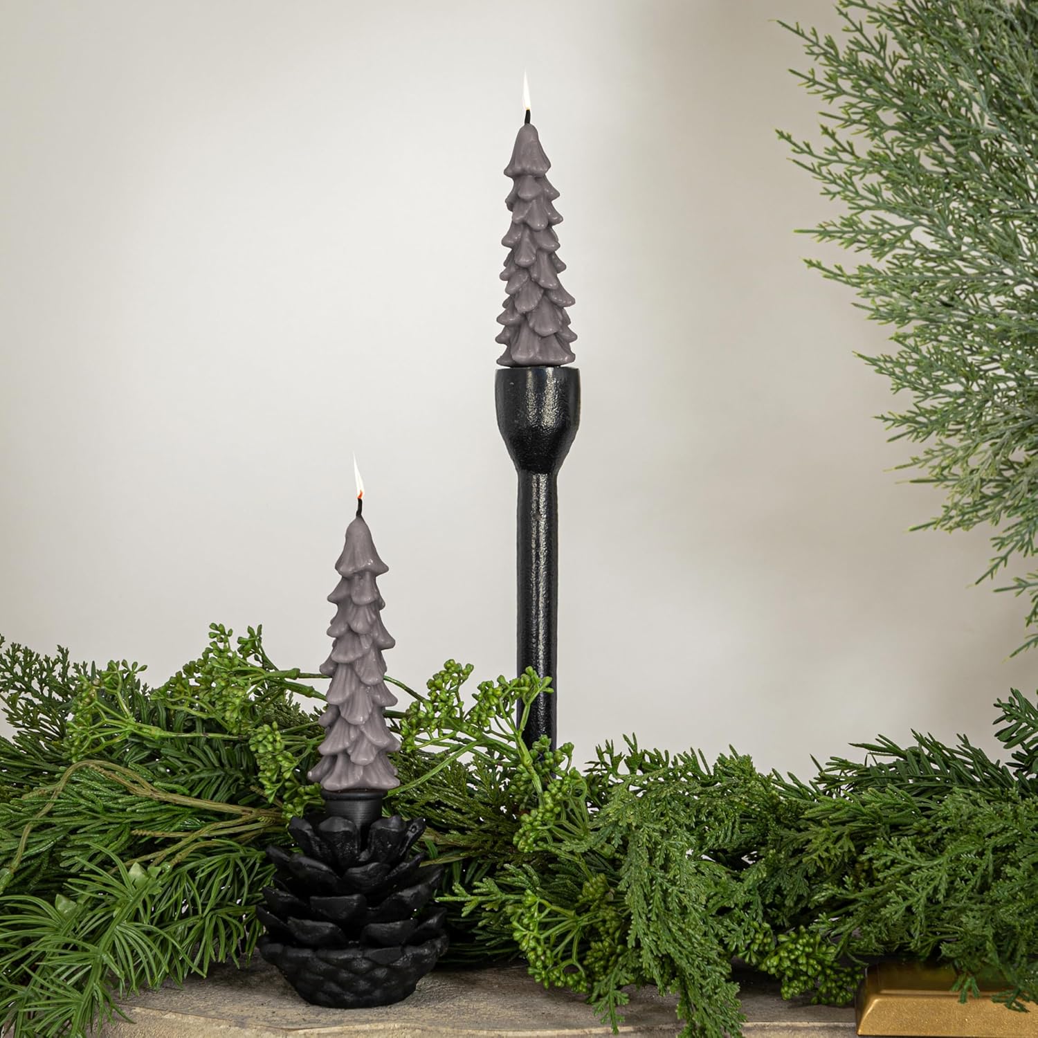 Creative Co-Op Unscented Textured Tree Shaped Taper Candles in Box, Pewter Color, Set of 2