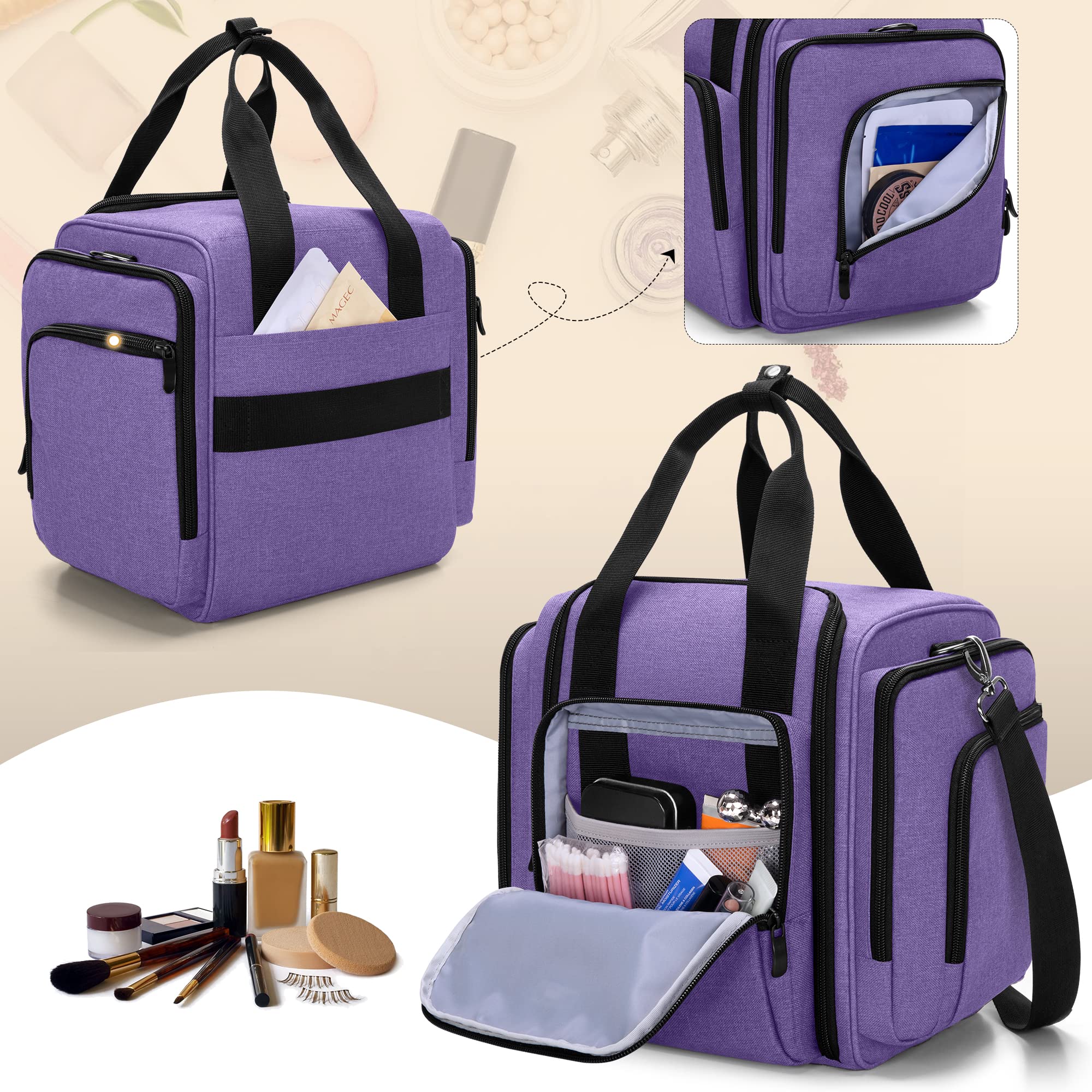 BAFASO Borsa per Trucco con 4 Tasche, Borsa per Cosmetici, Viola | Borsa per il Trucco da Viaggio Multifunzionale
