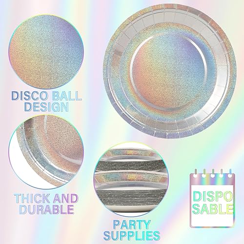 Miniatura 4 de Vajilla holográfica iridiscente brillante, vajilla láser, vajilla iridiscente, platos desechables, servilletas para despedida de soltera,