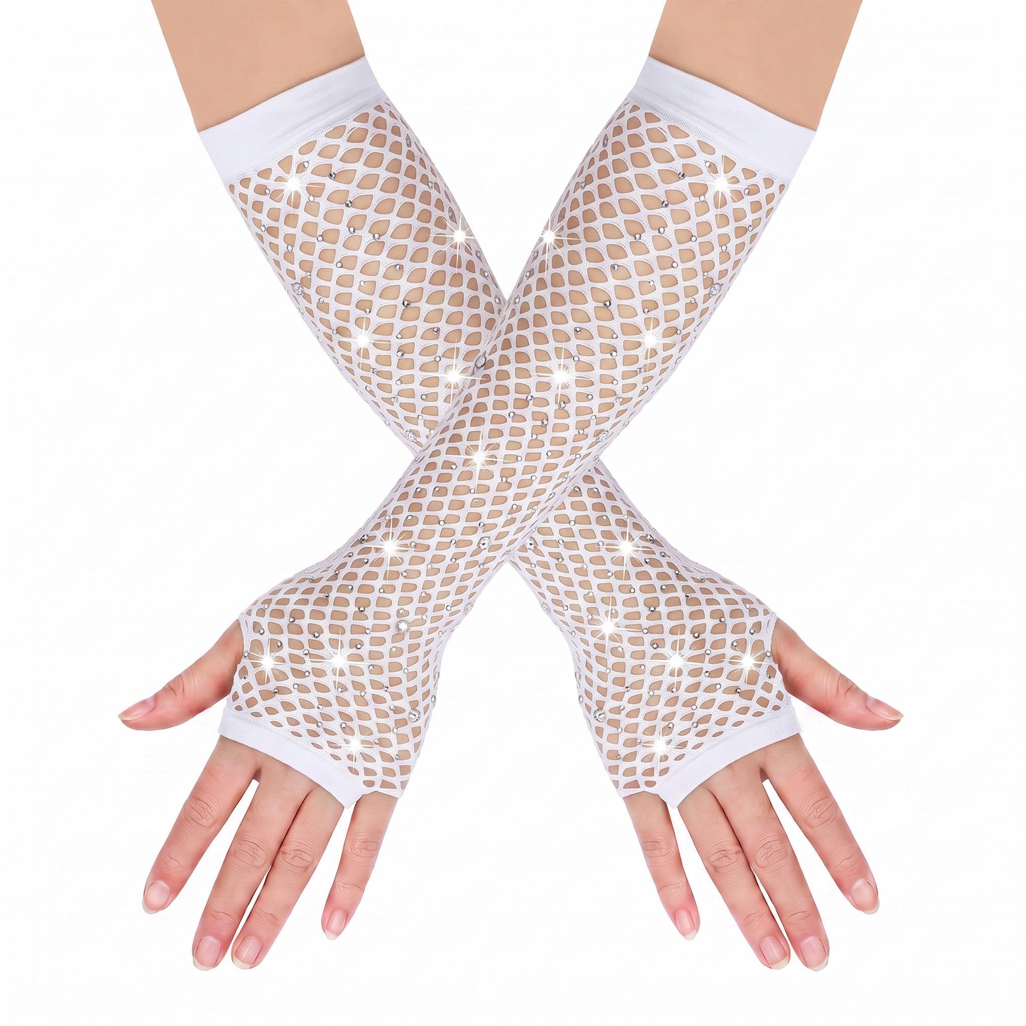 FEWOFJ Rhinestone Fingerless Fishnet Gloves 80s Costume Halloween for Women White