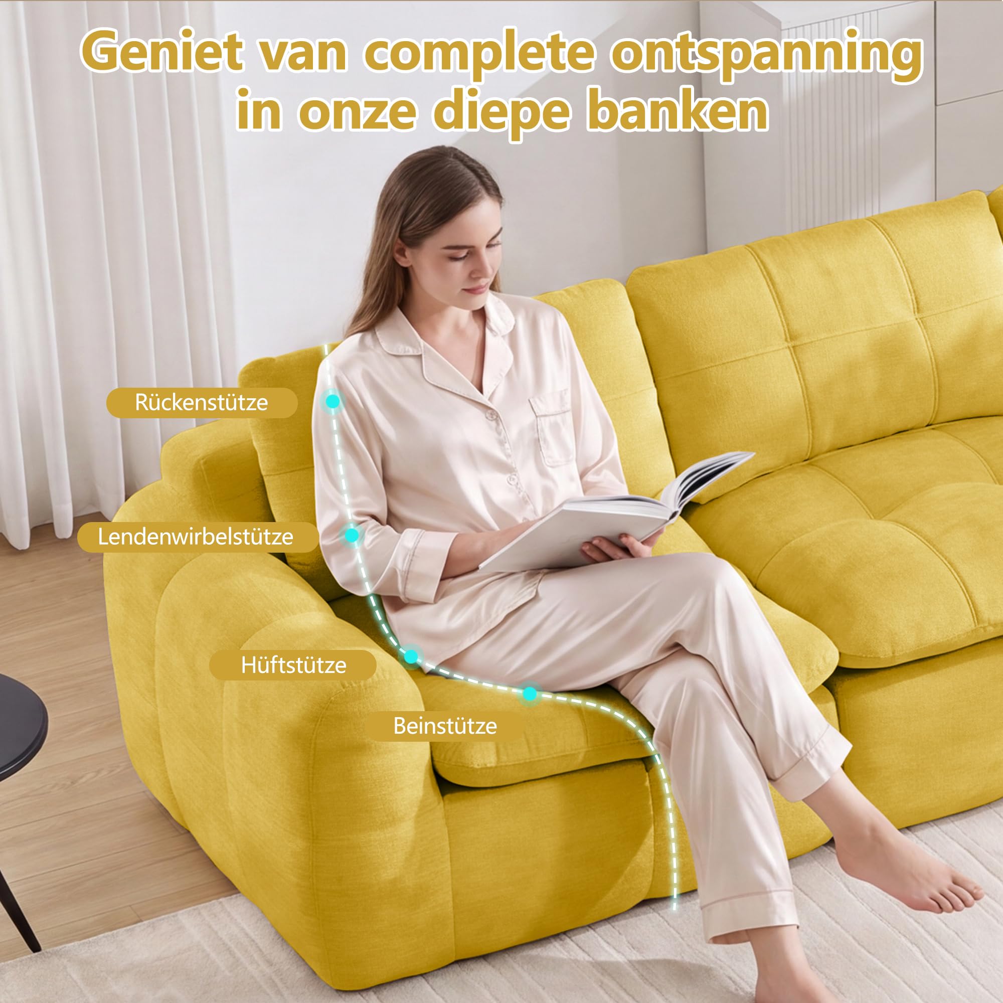 Canapé d'angle Convertible 2 Places, Canapé Modulable Moderne en Chenille, Canapé Compressé en Mousse Haute Densité, Montage Libre, Jaune