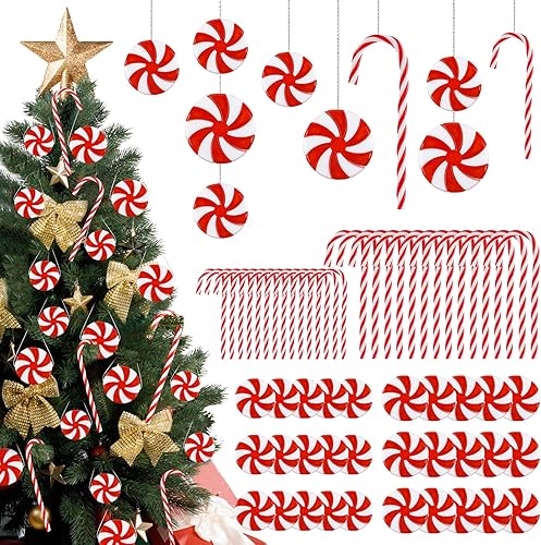 60 piezas de decoraciones navideñas de bastón de caramelo, piruleta roja, adornos colgantes de bastón de caramelo para decoración de árbol de