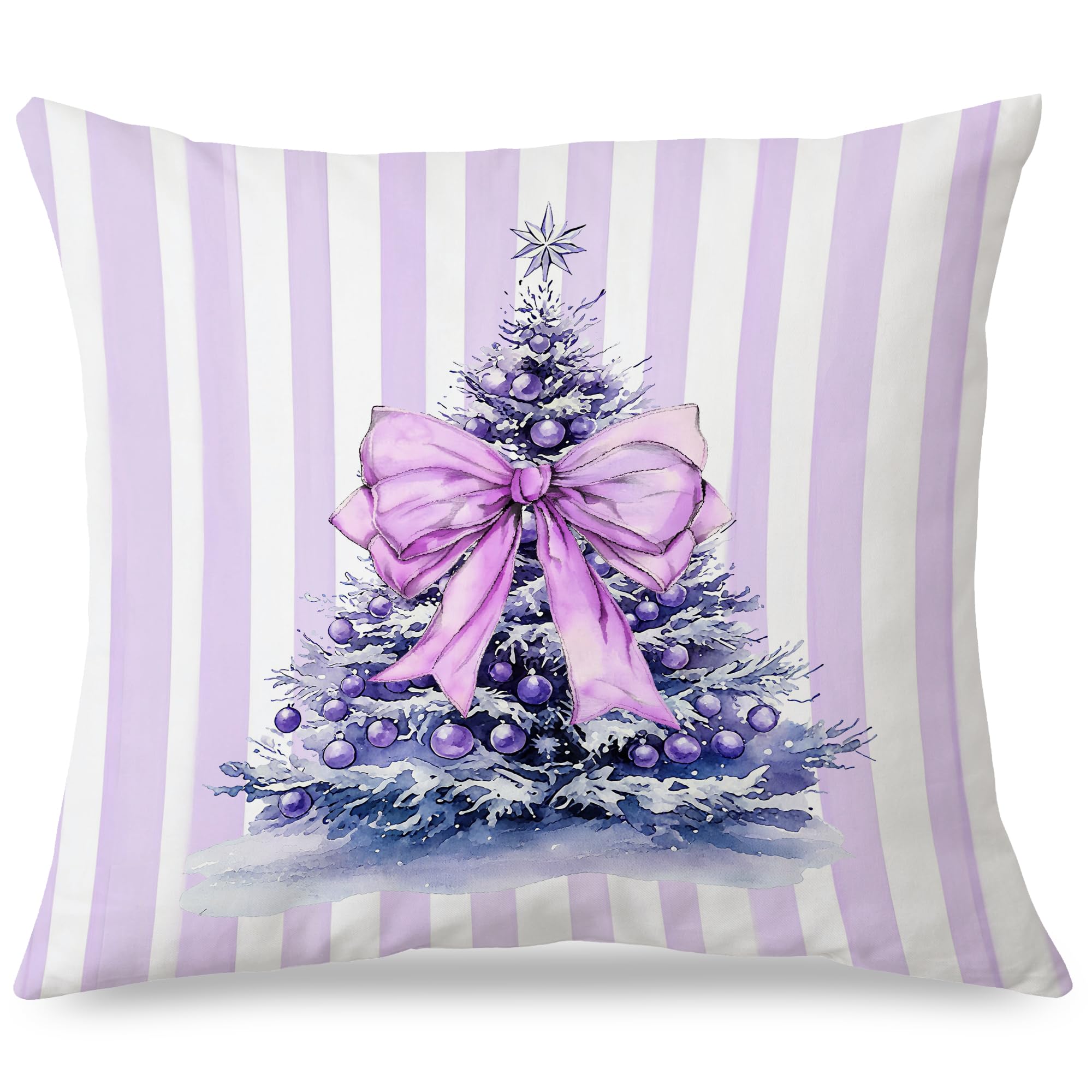 Exqcom Purple Coquette Christmas Tree Pillow Covers 18x18 Girly Christmas Decor Preppy Xmas Tree Striped Lumbar Throw Pillow