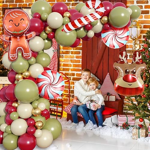 Miniatura 5 de Kit de arco de guirnalda de globos de Navidad, 103 globos retro de color verde, blanco y rojo rubí con cabeza de alce, globos de aluminio de bastón