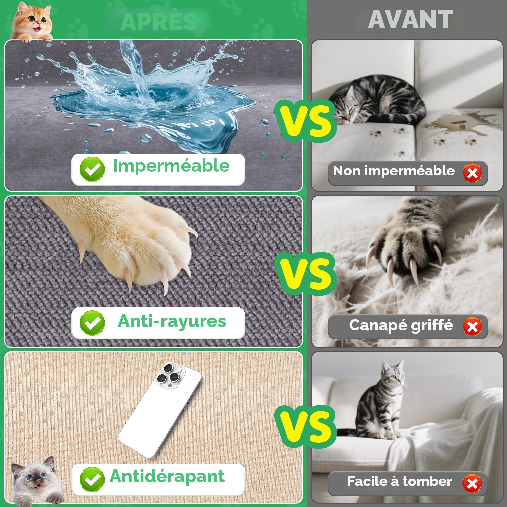 Loiion Protection Canapé Chat, Anti Griffe Chat Canapé, Protege Canape Impermeable, Couvre Canapé 3 Places, Sofa Cover Antidérapante, Couvre Canapé pour Chiens Chats Animaux, Gris, 340x180cm