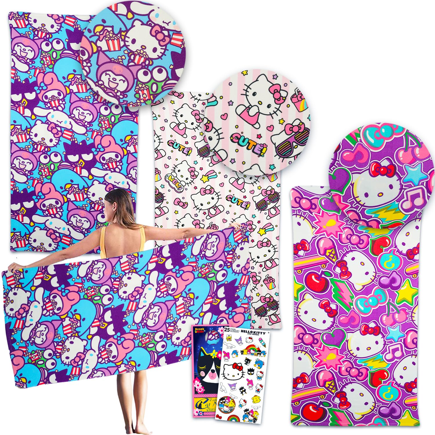 Hello Kitty and Friends Beach Towel 3 Pack Set for Kids - Bundle with 3 Sanrio Microfiber Towels Plus Stickers, More | Hello Kitty Pool and Bathroom