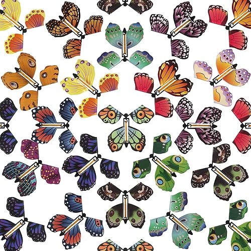 MCPINKY 26 juguetes mágicos de mariposa voladora, juguete de mariposa de cuerda de hada voladora, tarjetas de mariposa voladora en la caja de