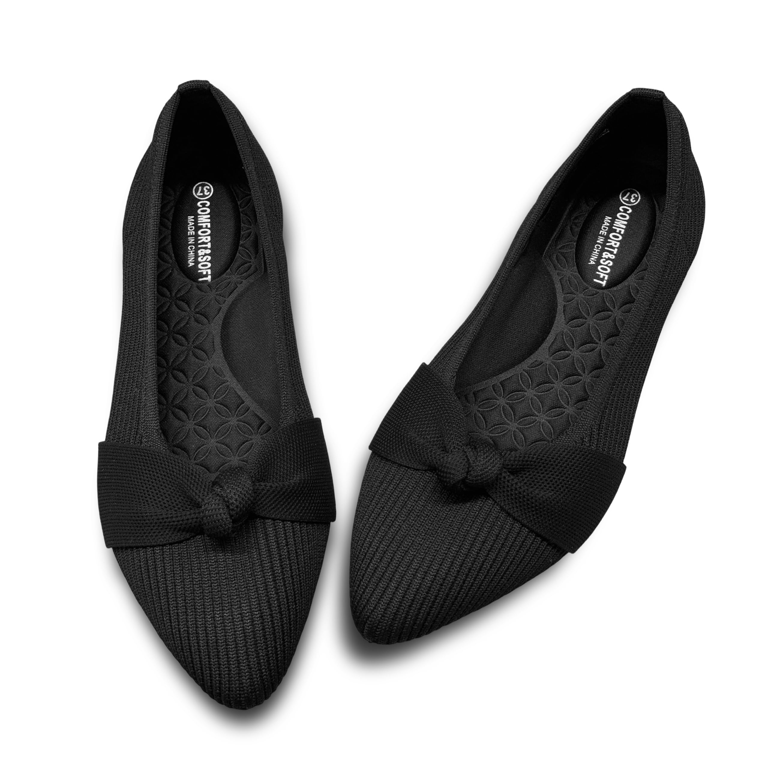 CALEBGAR Damskie baleriny spiczaste, płaskie buty z dzianiny z kokardką, eleganckie i wygodne wsuwane klapki wsuwane do noszenia w czasie wolnym i do biura